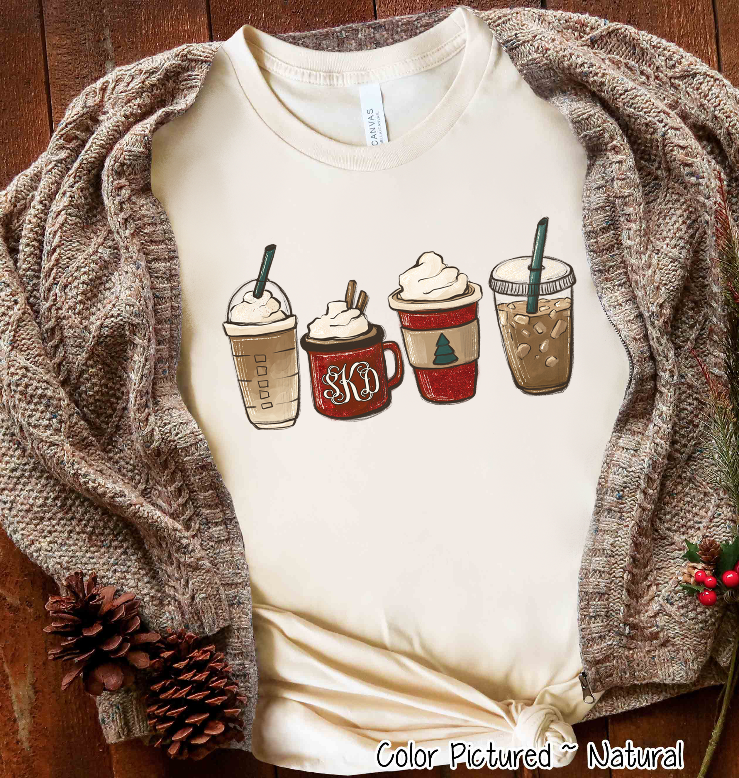 Monogrammed Set of Christmas Coffee Latte Drinks Tee
