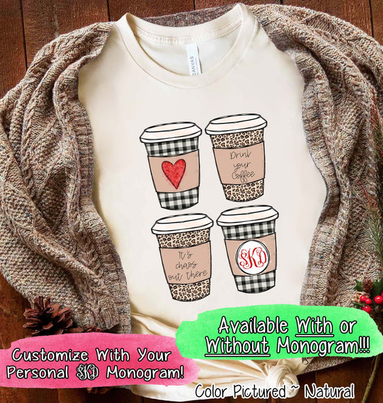 Monogrammed Leopard and Plaid Coffe Cup Christmas Tee