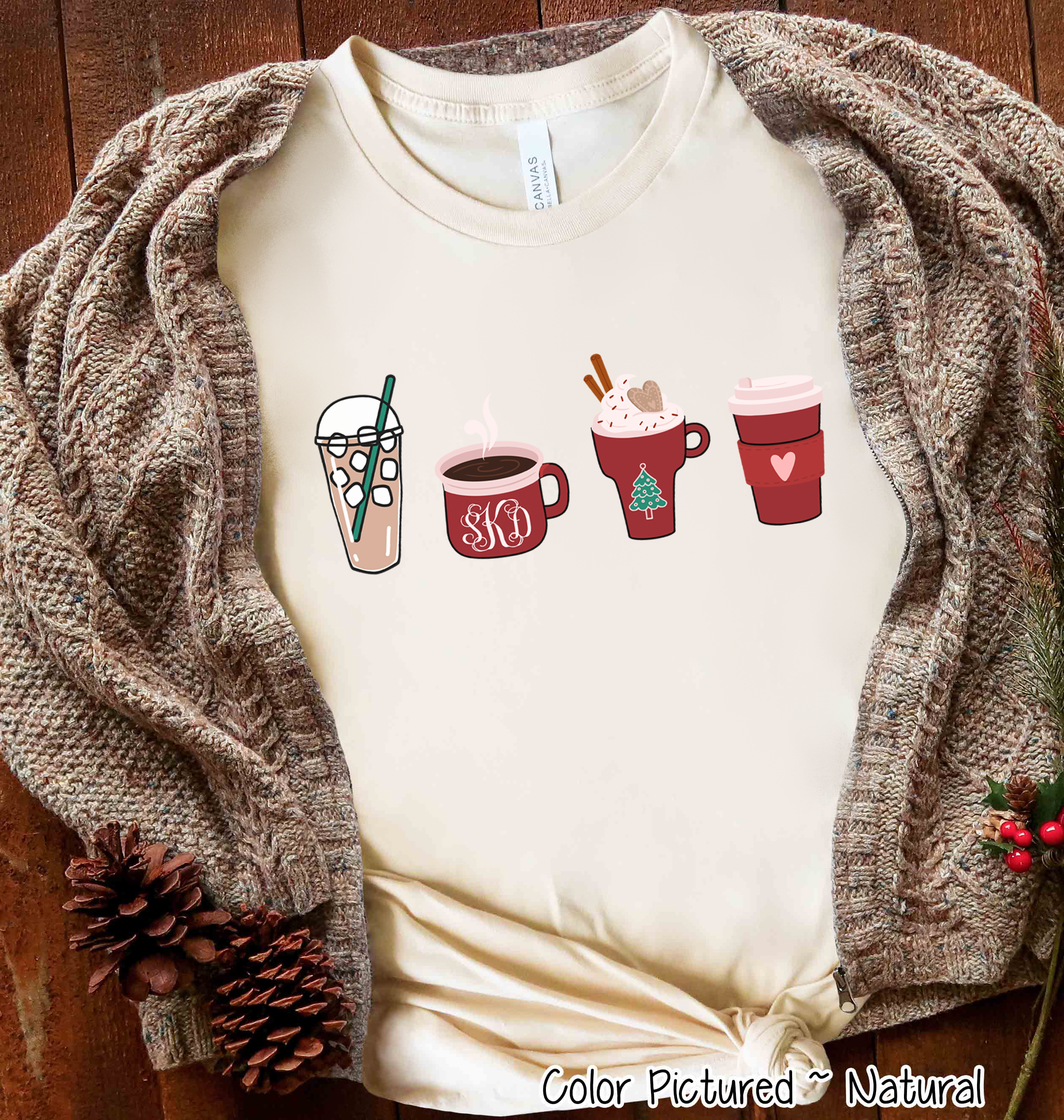 Monogrammed Coffee Latte Christmas Drinks Tee