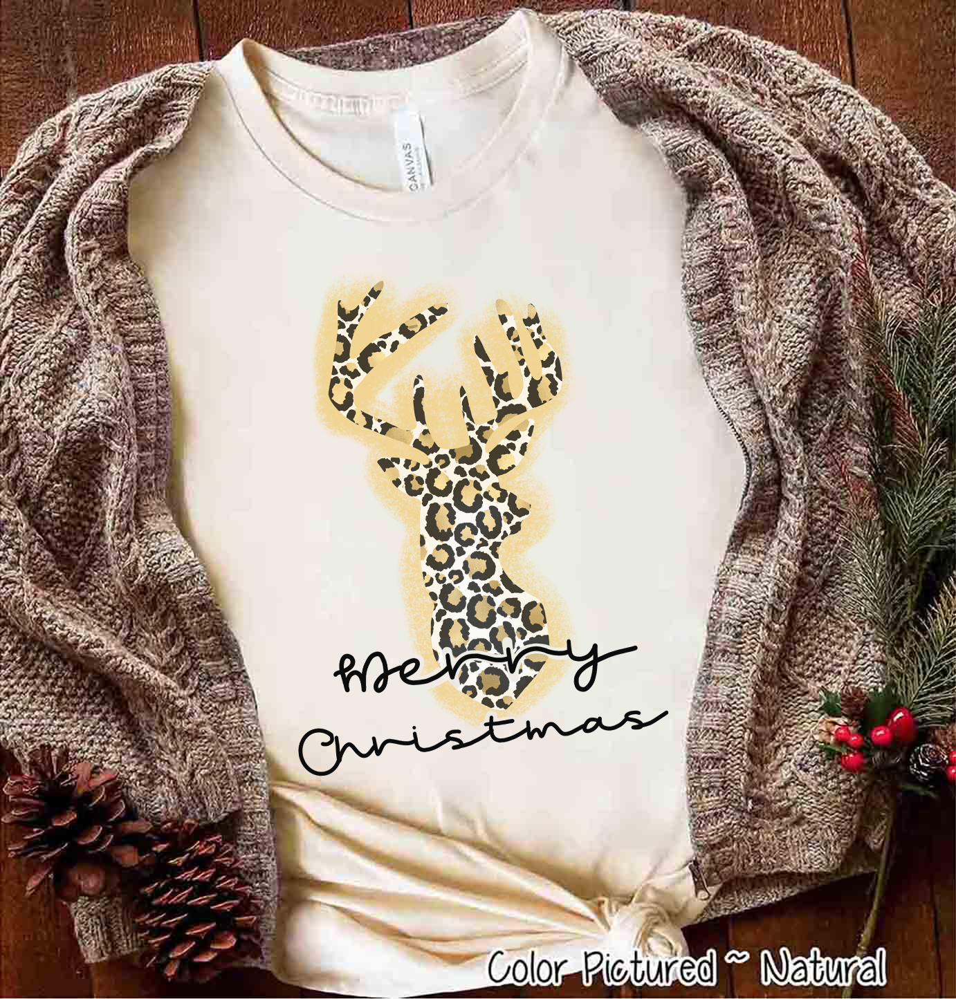 Leopard Print Reindeer Merry Christmas Tee