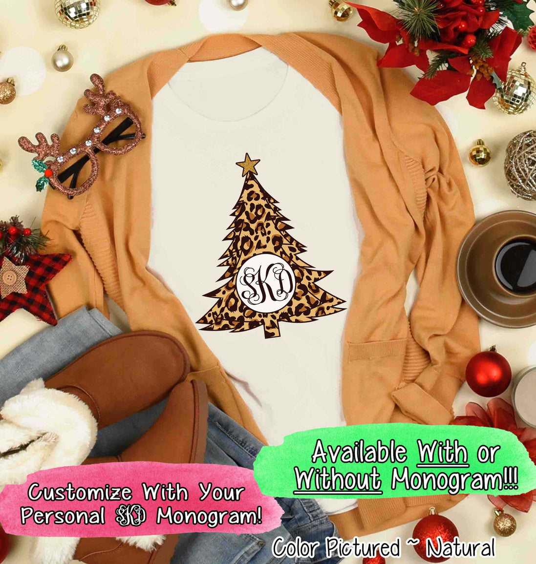 Monogrammed Leopard Print Christmas Tee