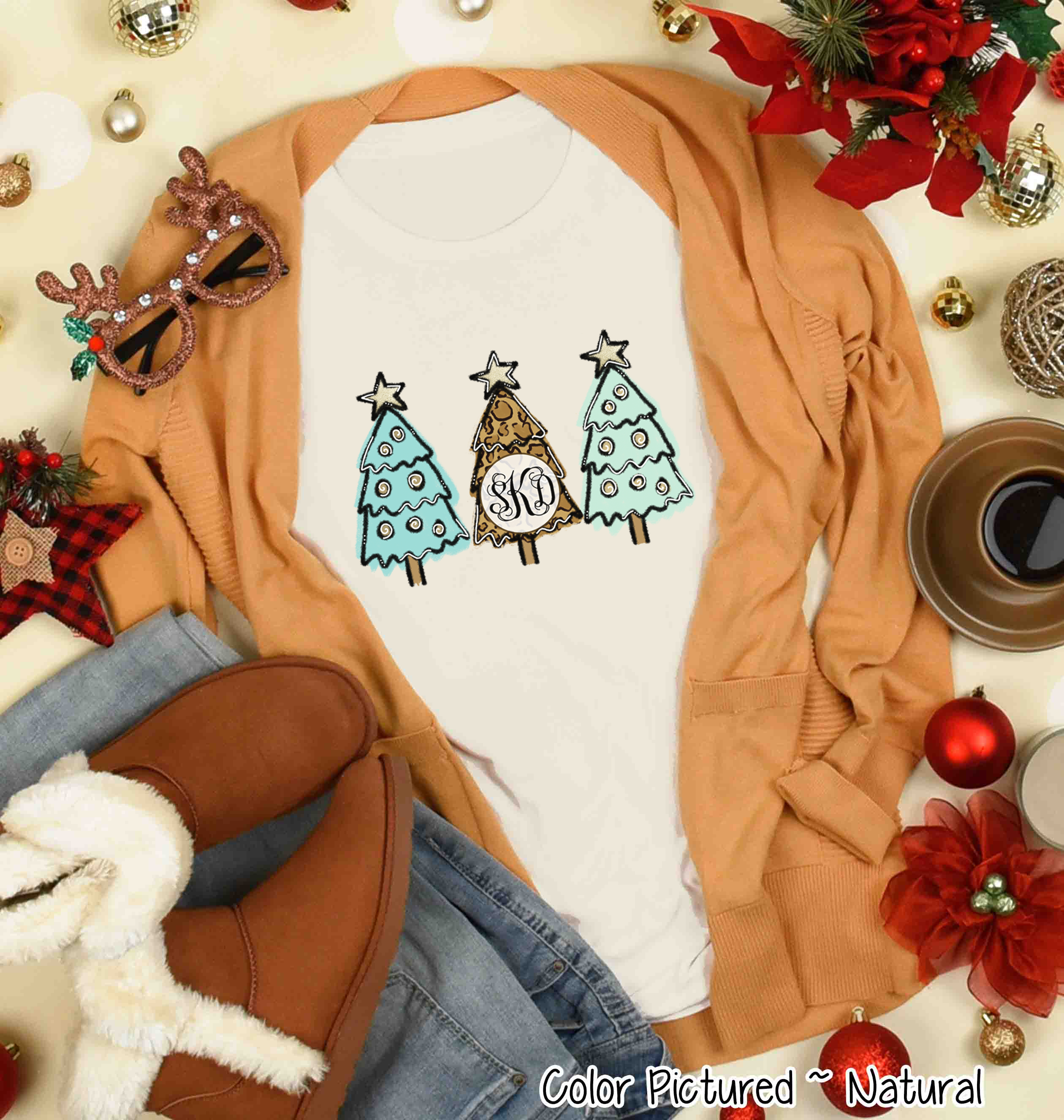 Monogrammed Leopard Print & Blue Christmas Tree Tee