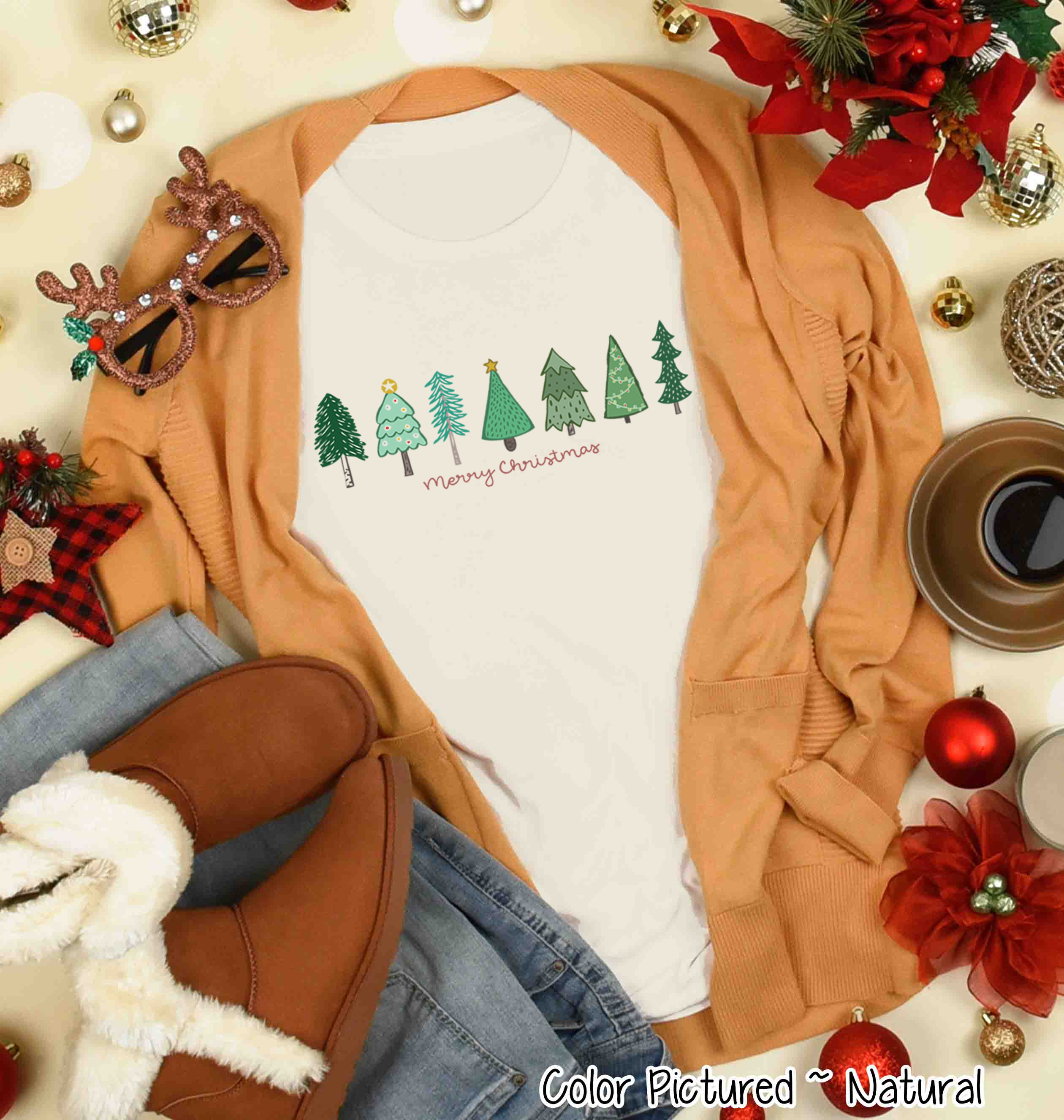 Watercolor Merry Christmas Row of Tree Tee