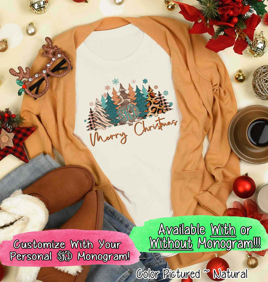 Monogrammed Animal Print Leopard Merry Christmas Tree Tee