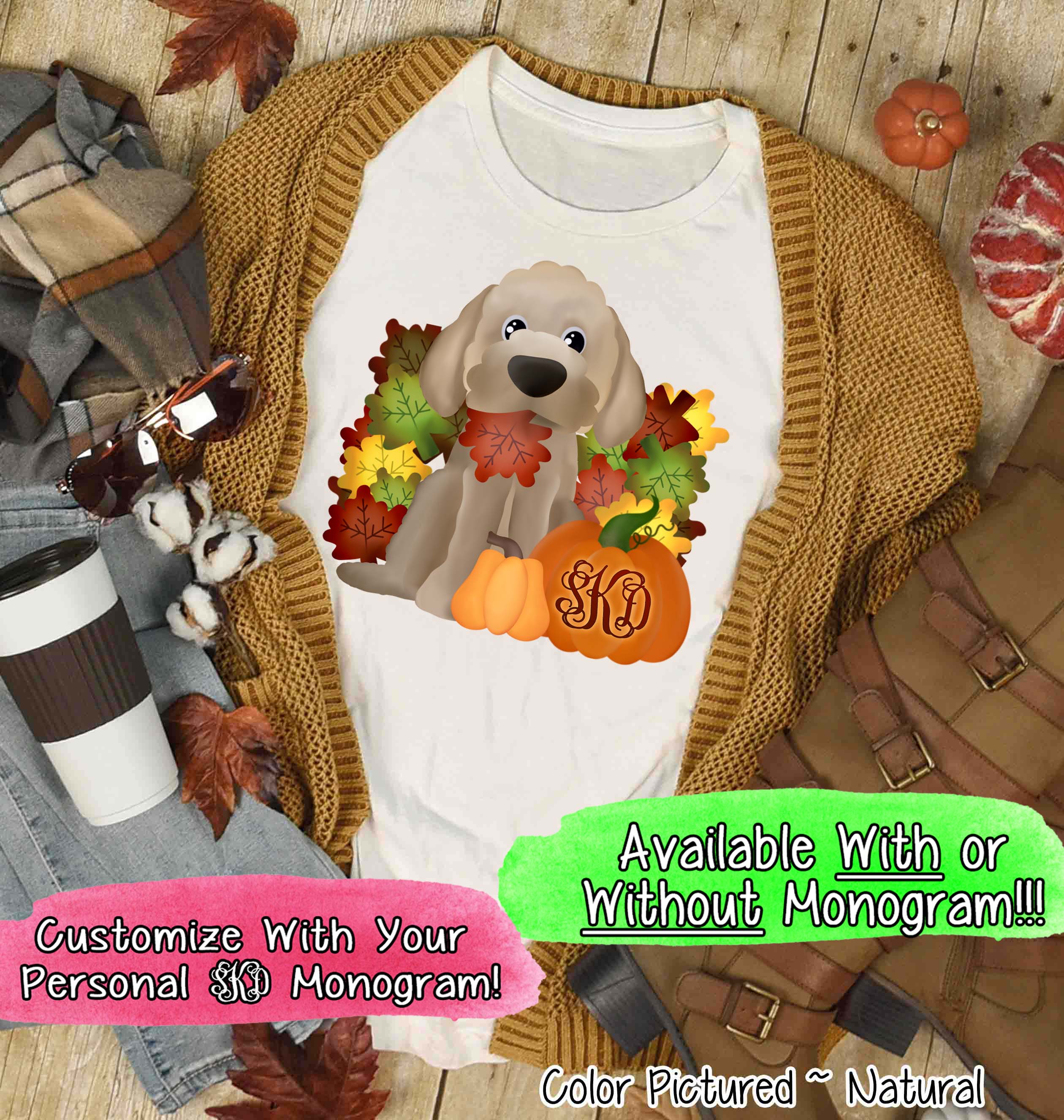 Golden Doodle Dog Fall Pumpkin Monogram Tee