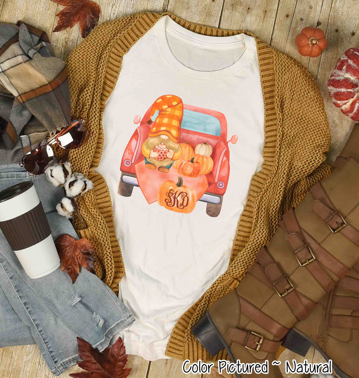 Fall Gnome Truck & Pumpkins Monogram Tee