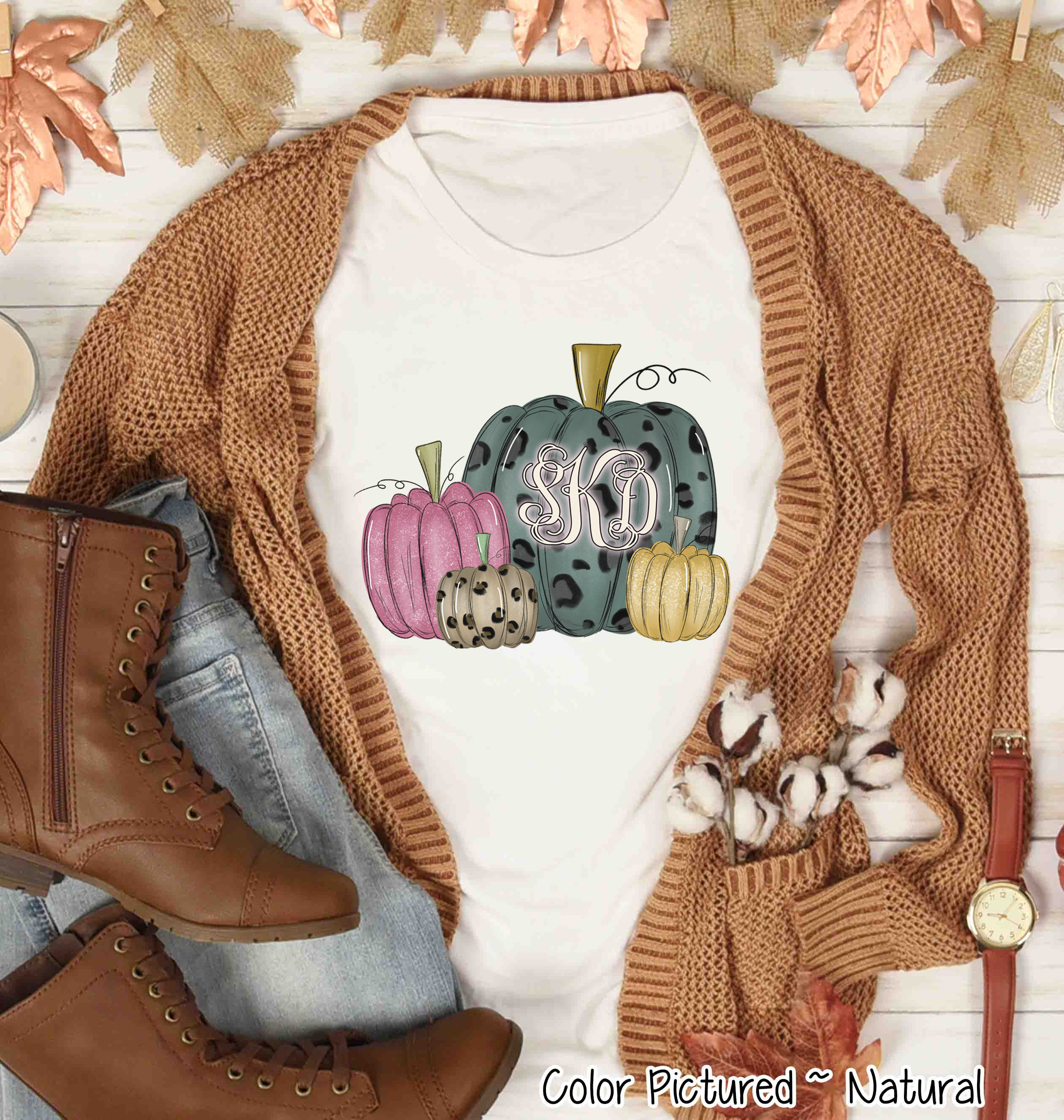 Blue Leopard, Pink, Leopard, and Gold Pumpkin Set Monogram Tee