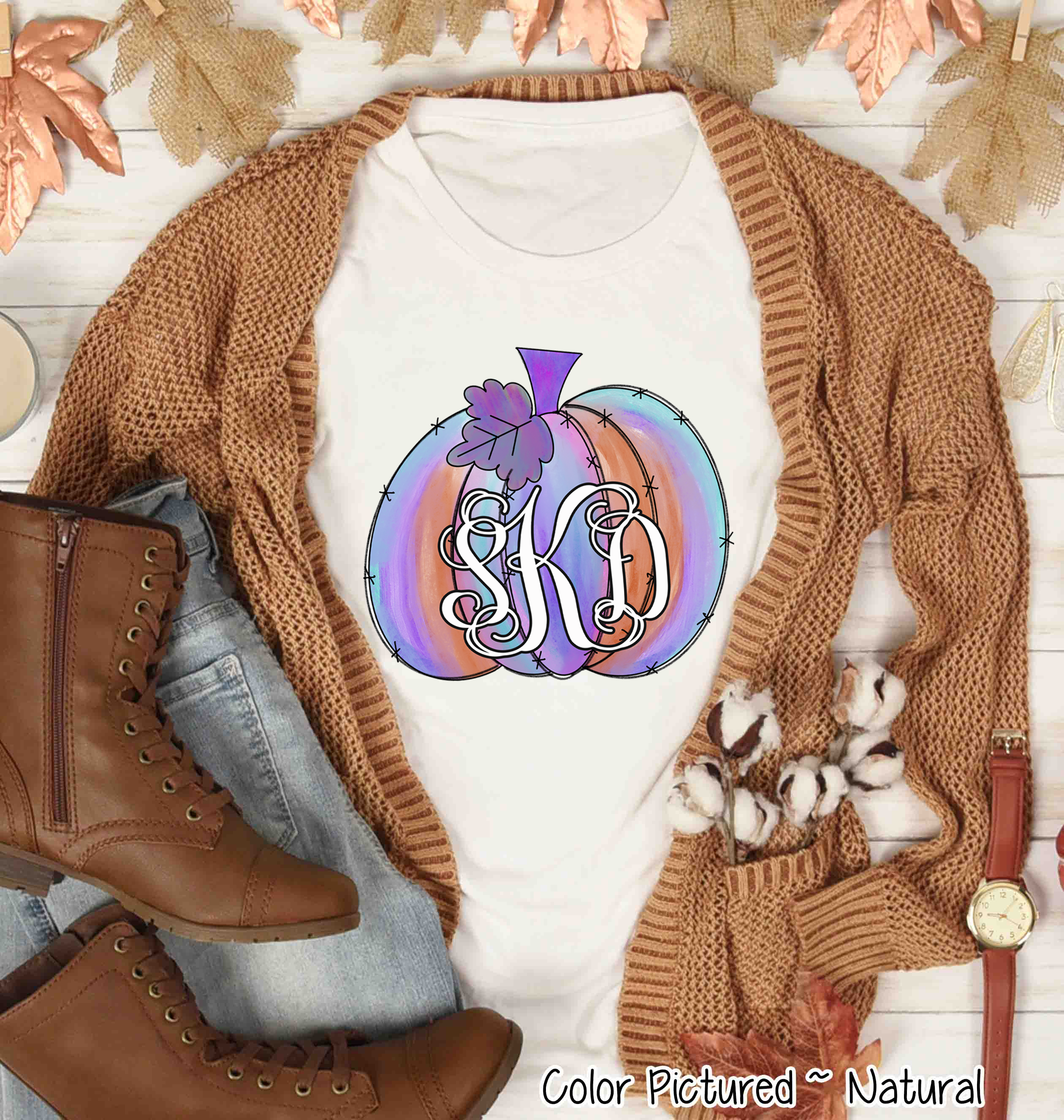 Purple Watercolor Monogram Pumpkin Tee