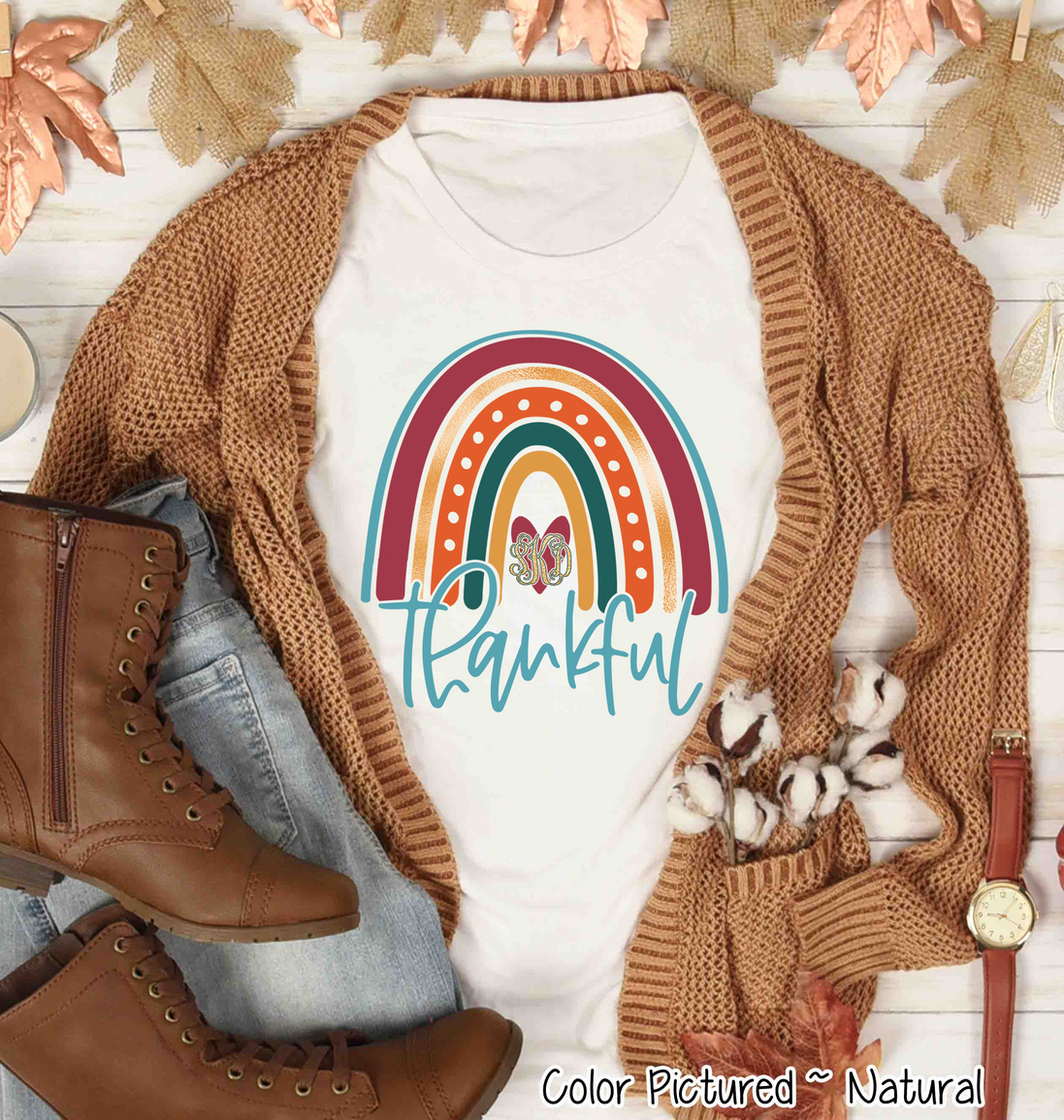 Thankful Fall Rainbow Monogram Tee