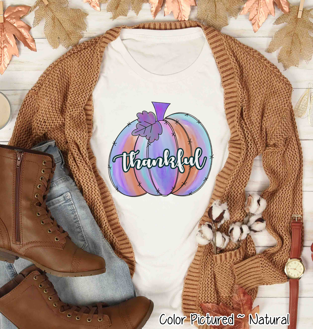 Purple Watercolor Thankful Pumpkin Tee