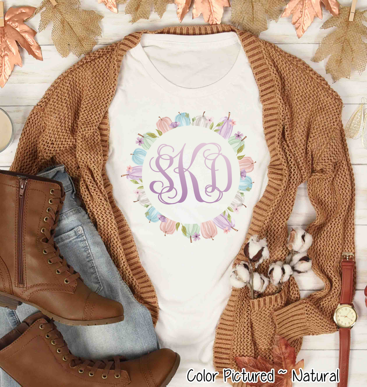 Monogram Pastel Pumkin Wreath Tee