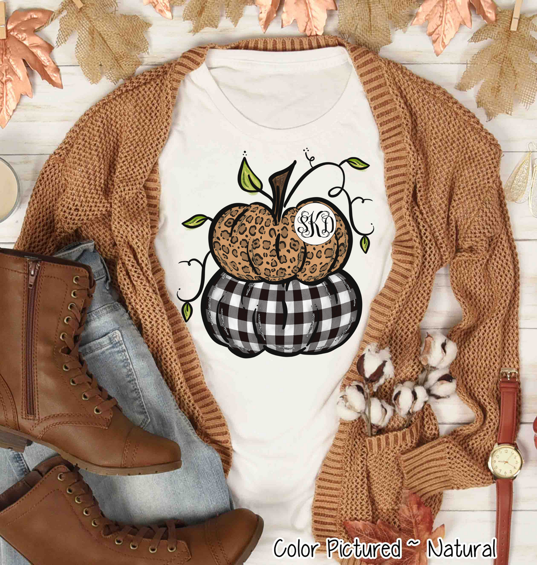 Leopard & Black Plaid Stacked Monogram Pumpkins Tee
