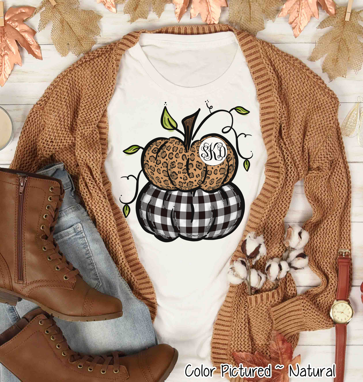 Leopard & Black Plaid Stacked Monogram Pumpkins Tee