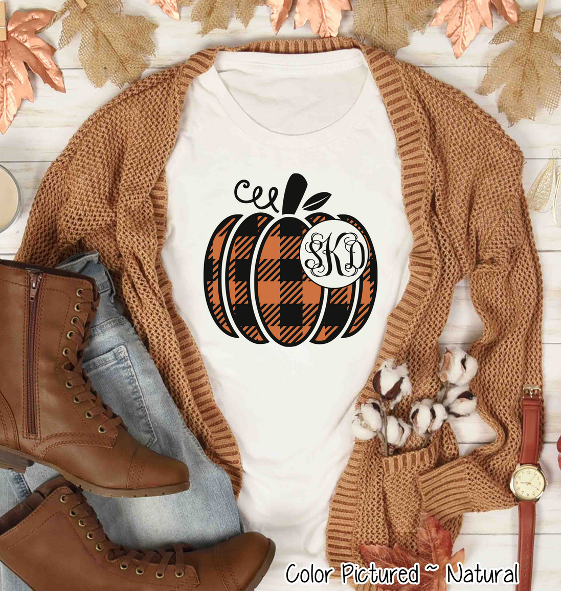 Orange & Black Plaid Monogram Pumpkin Tee