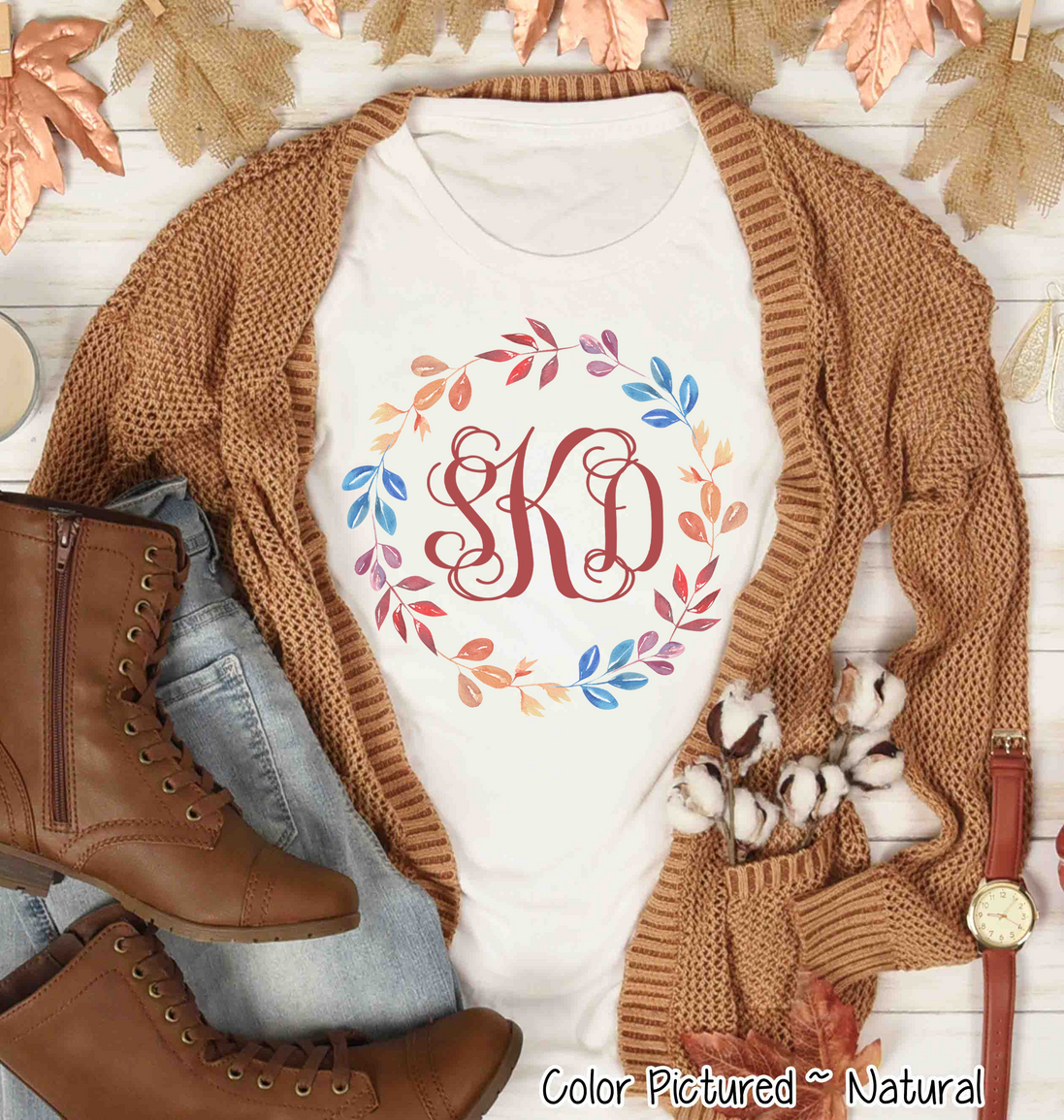 Monogram Watercolor Fall Leaf Wreath Tee
