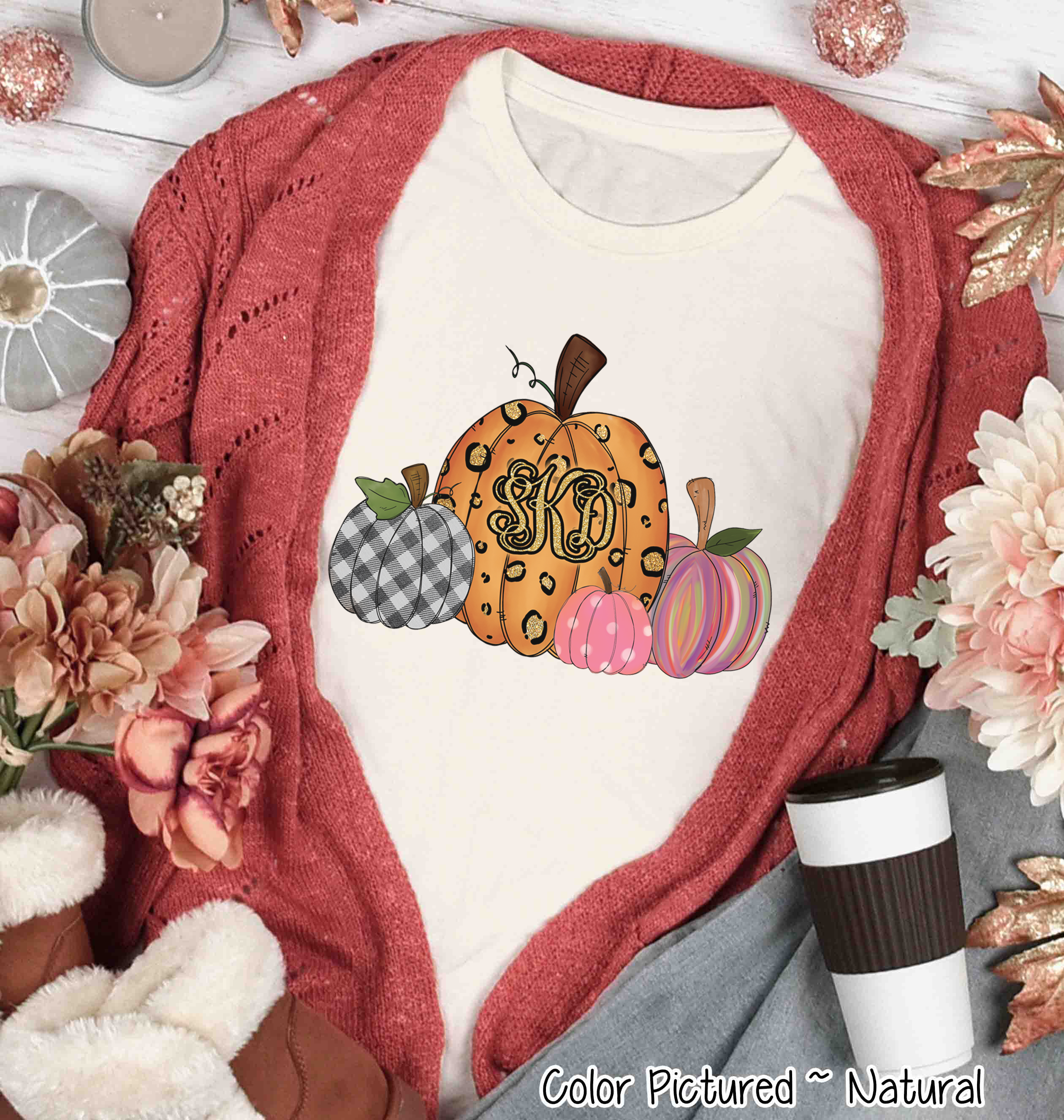 Glitter Leopard, Plaid, Watercolor, and Pink Pumpkin Monogram Set Tee