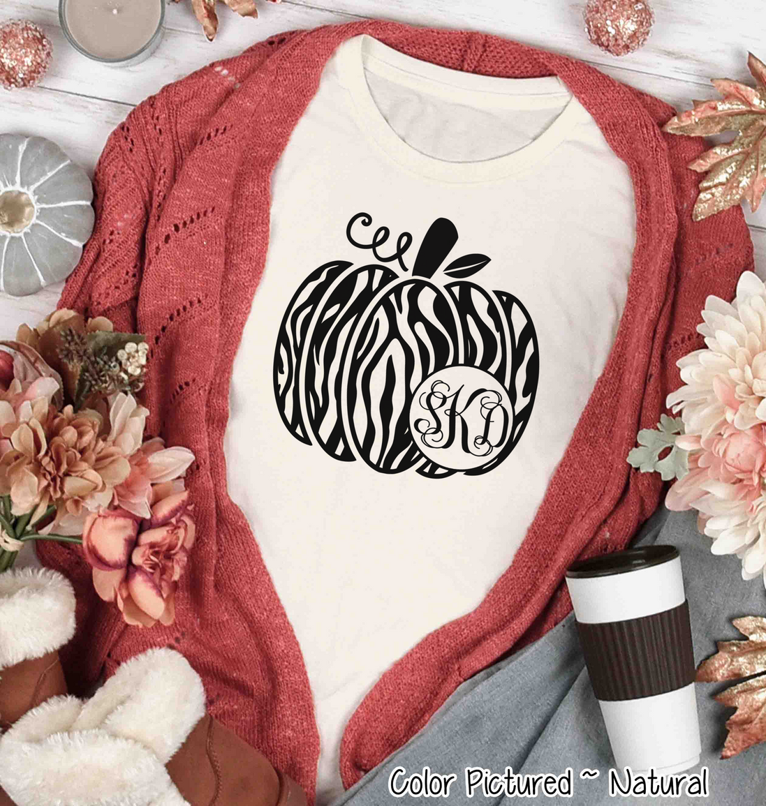 Monogram Zebra Print Fall Pumpkin Tee