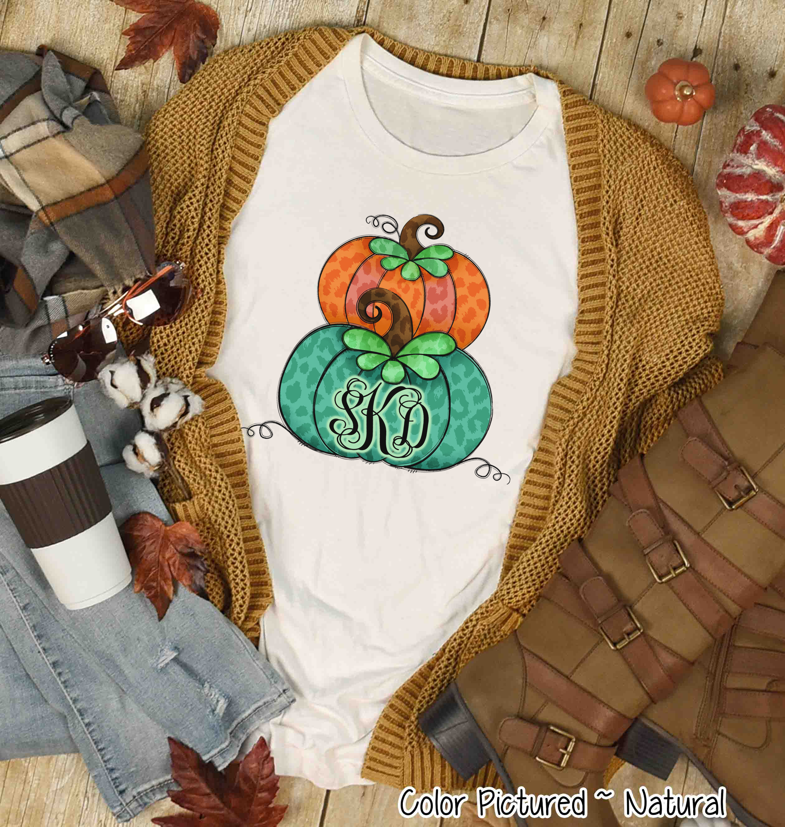 Orange & Green Leopard Stacked Pumpkin Monogram Tee