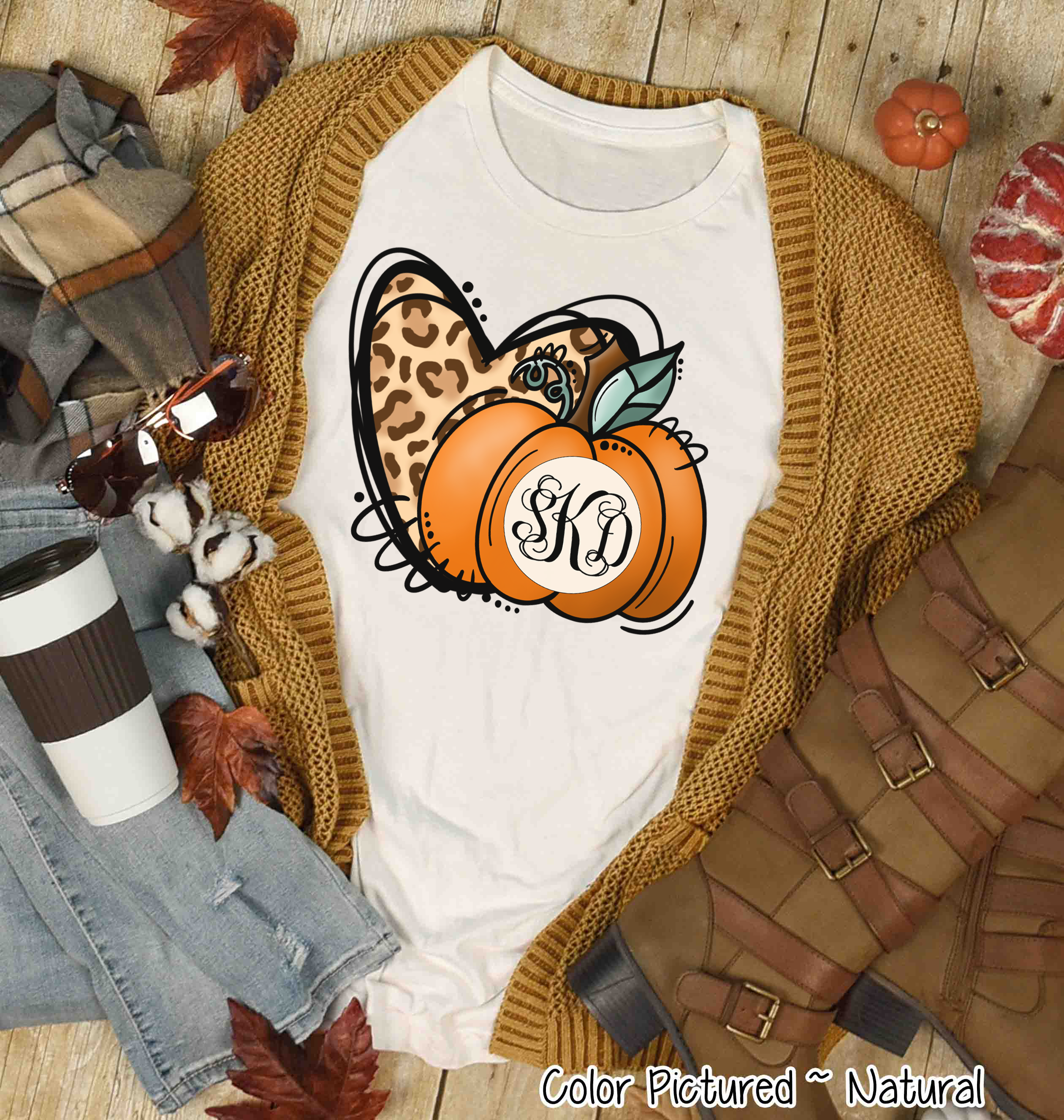 Leopard Heart and Fall Monogram Pumpkin Tee