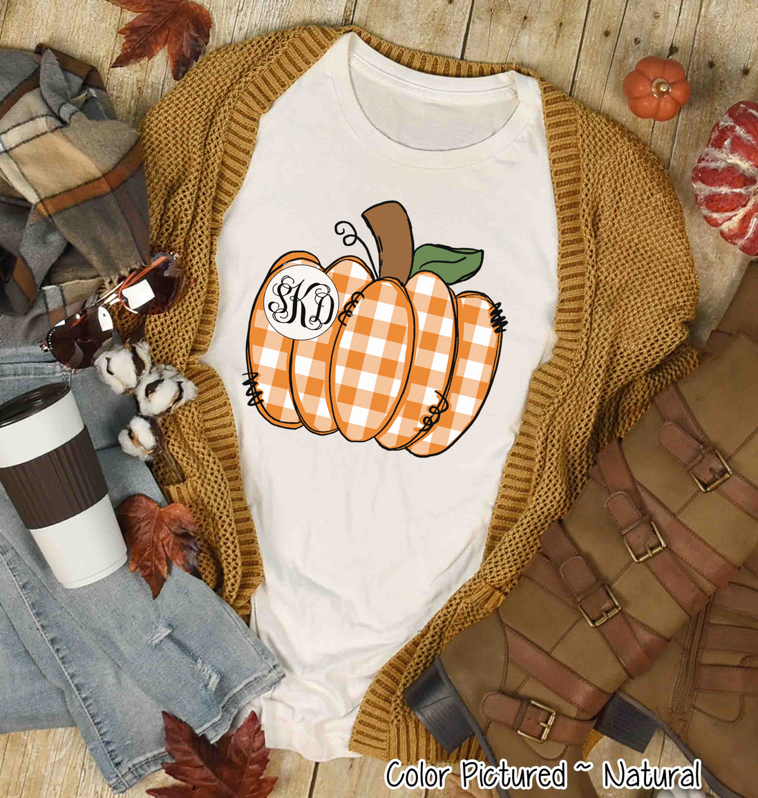 Orange Plaid Country Pumpkin Monogram Tee