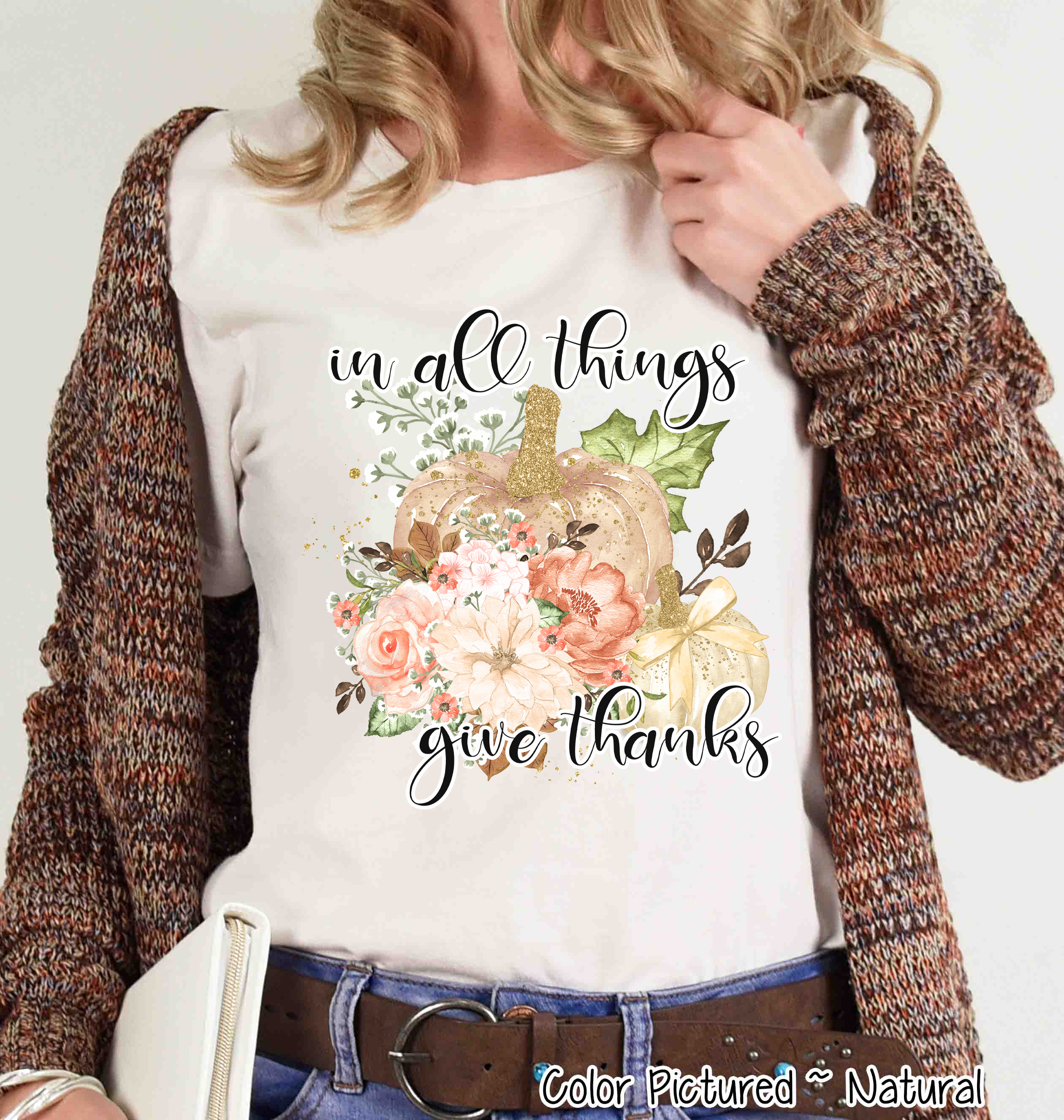 In All Things Give Thanks Pink Floral Pumpkin Tee