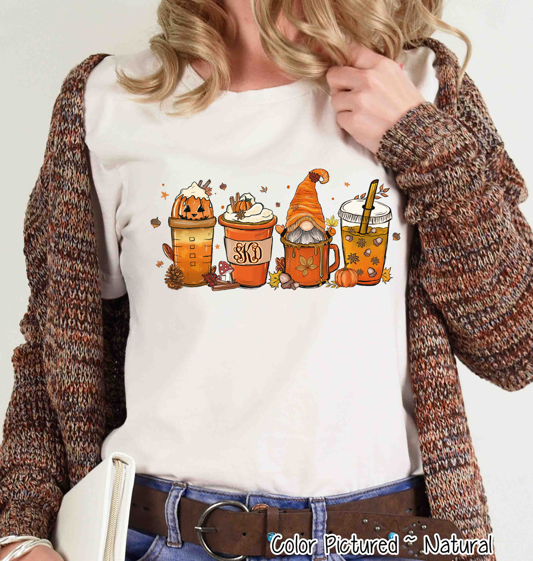 Monogram Gnome Pumpkin Spice Latte Coffee Fall Tee