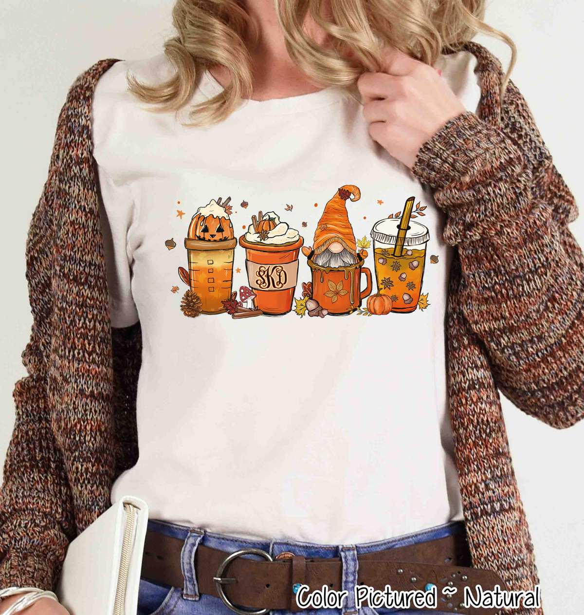 Monogram Gnome Pumpkin Spice Latte Coffee Fall Tee