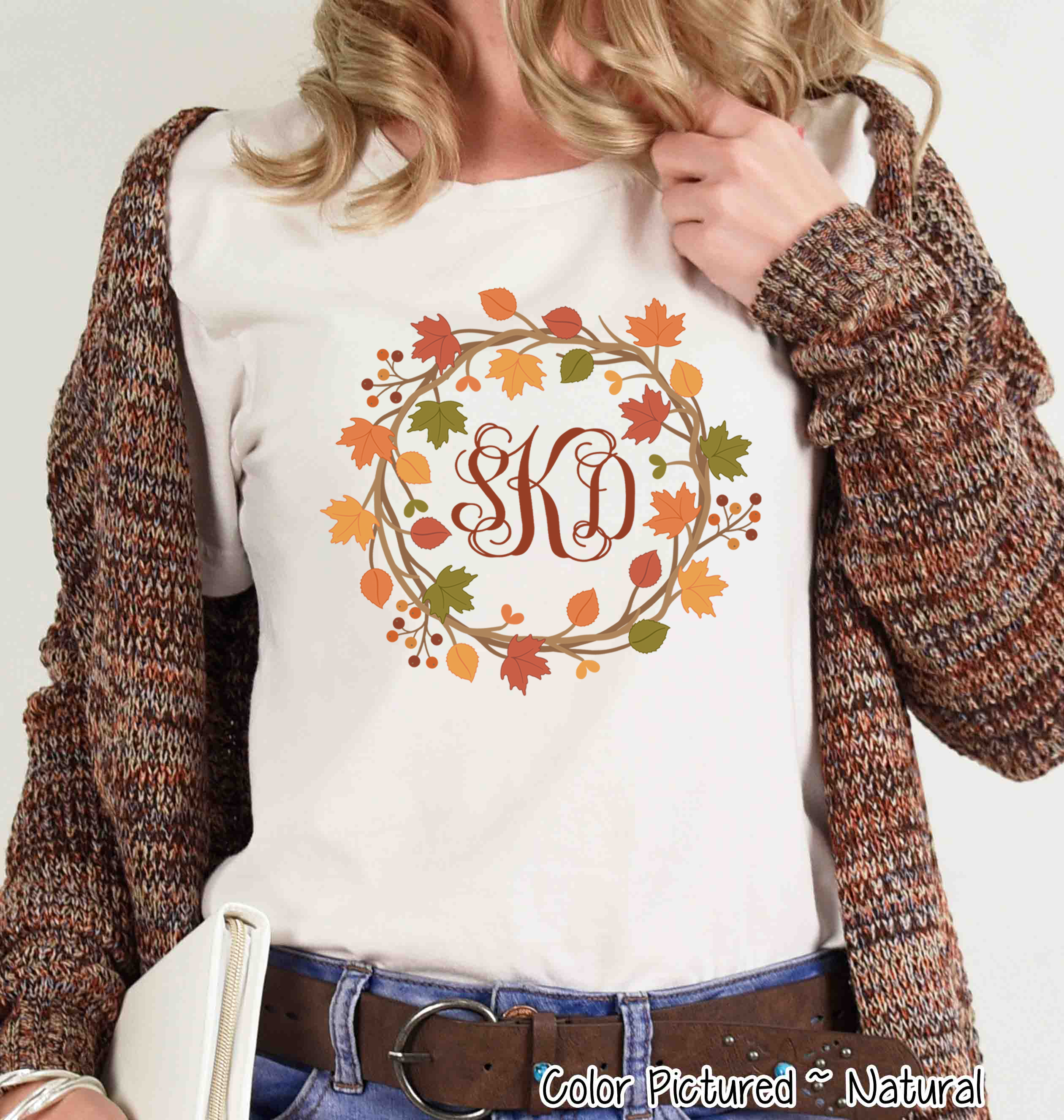 Fall Leaves Monogram Wreath Tee