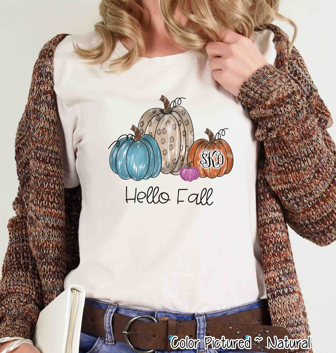 Hello Fall Watercolor Leopard Pumpkins Monogram Tee