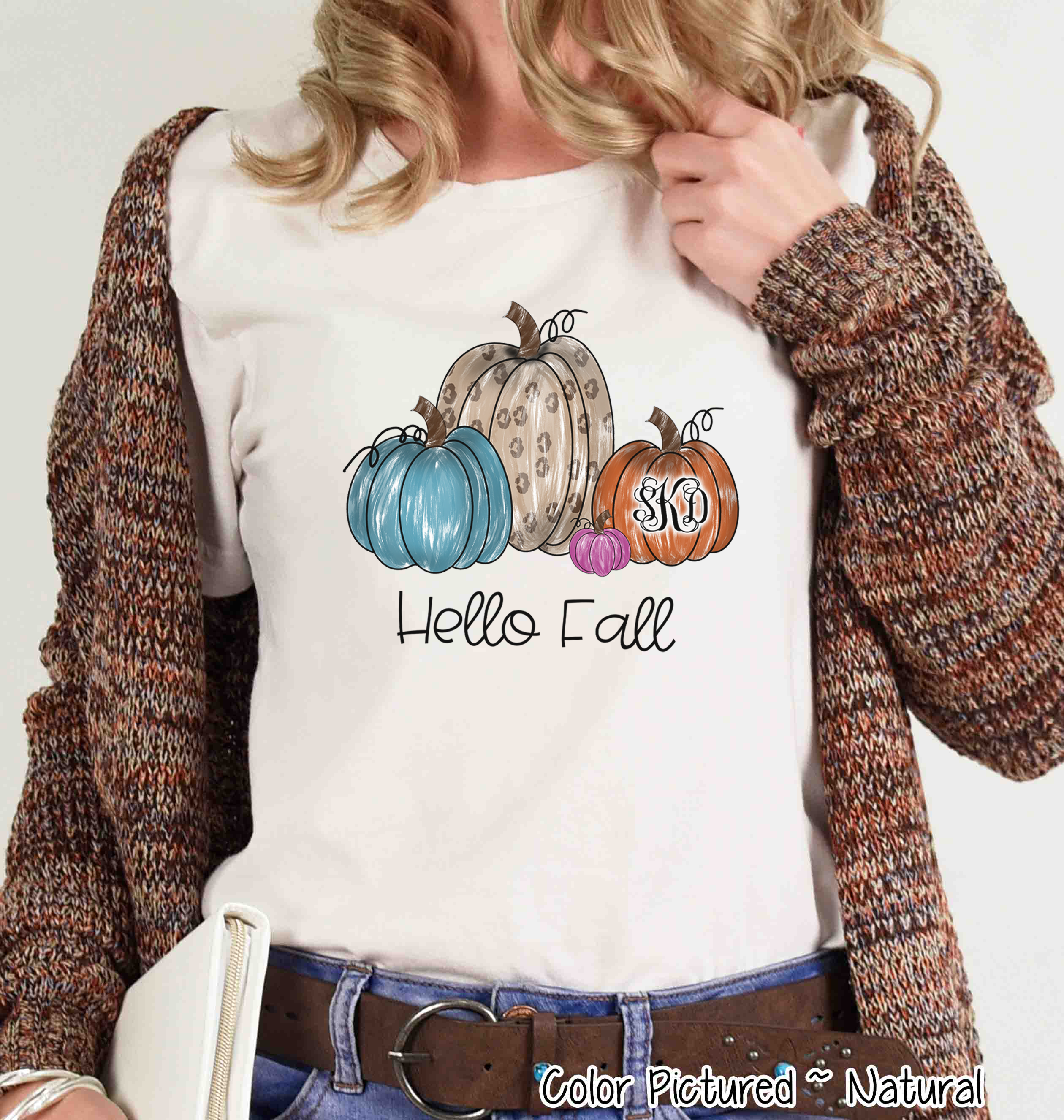 Hello Fall Watercolor Leopard Pumpkins Monogram Tee