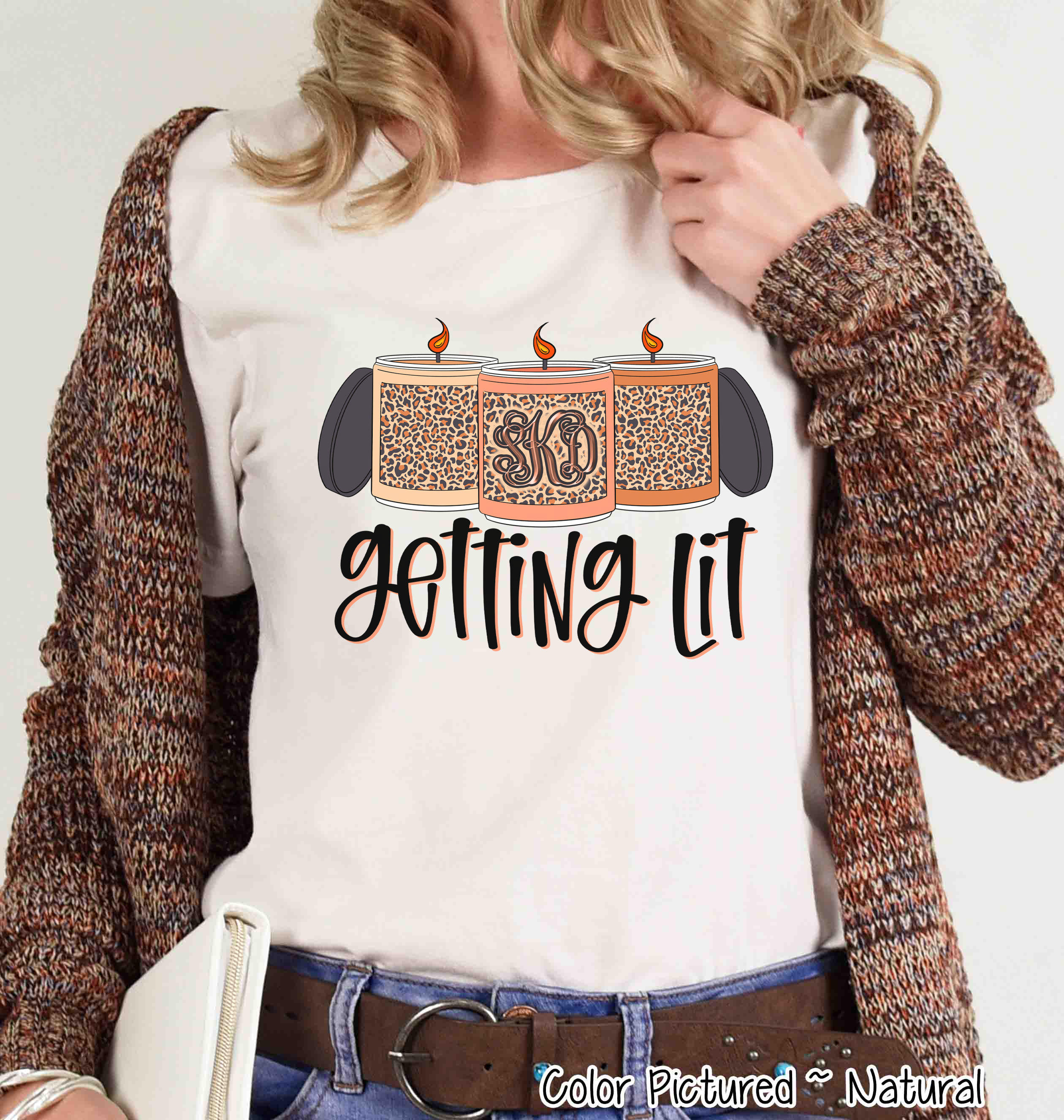 Getting Lit Fall Leopard Print Monogram Candles Tee