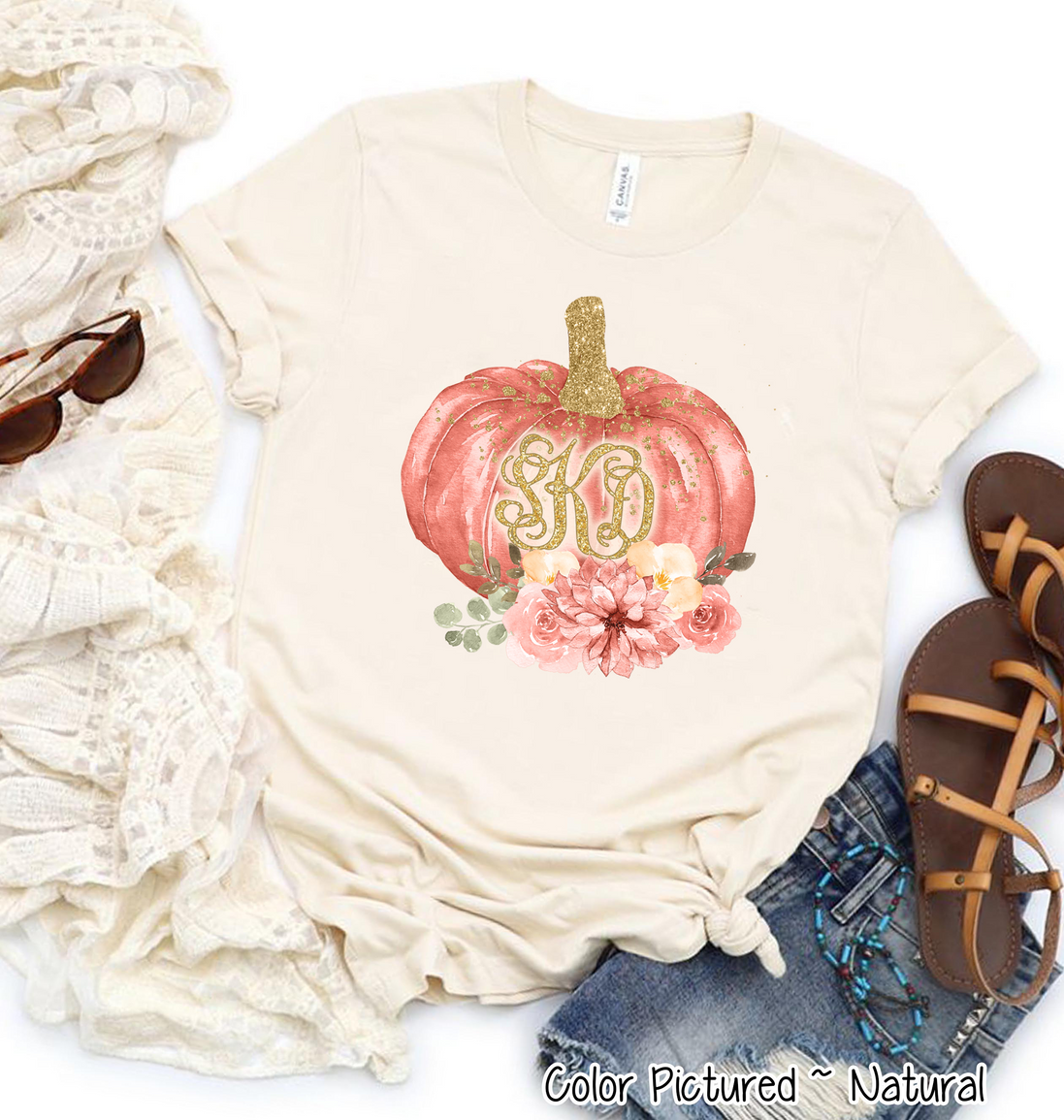 Gold Glitter Monogram Pumpkin Tee