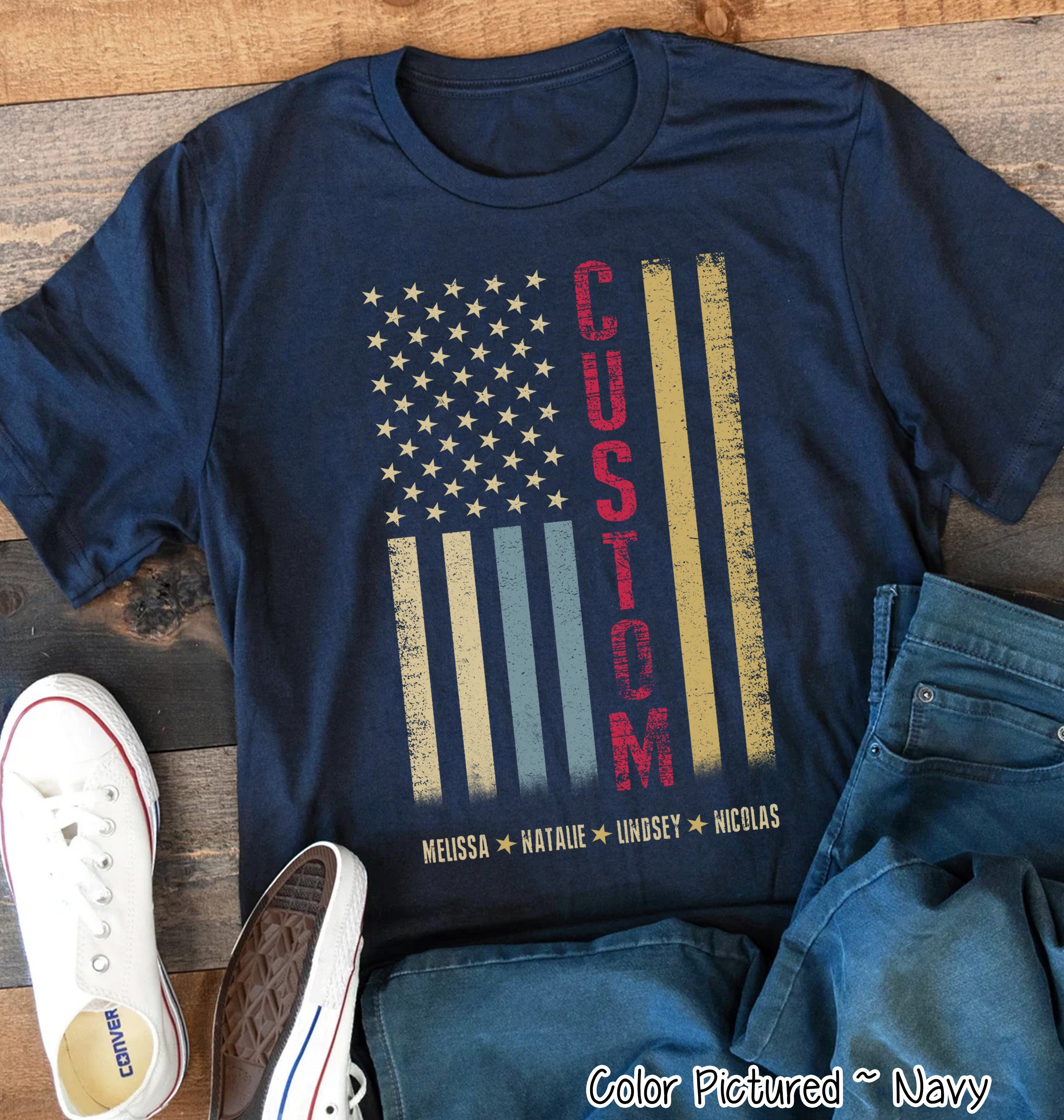 Custom Faded Patriotic Flag ~ Dad-Grandpa-Brother-Etc. Distressed Cream, Blue, Khaki Flag Tee