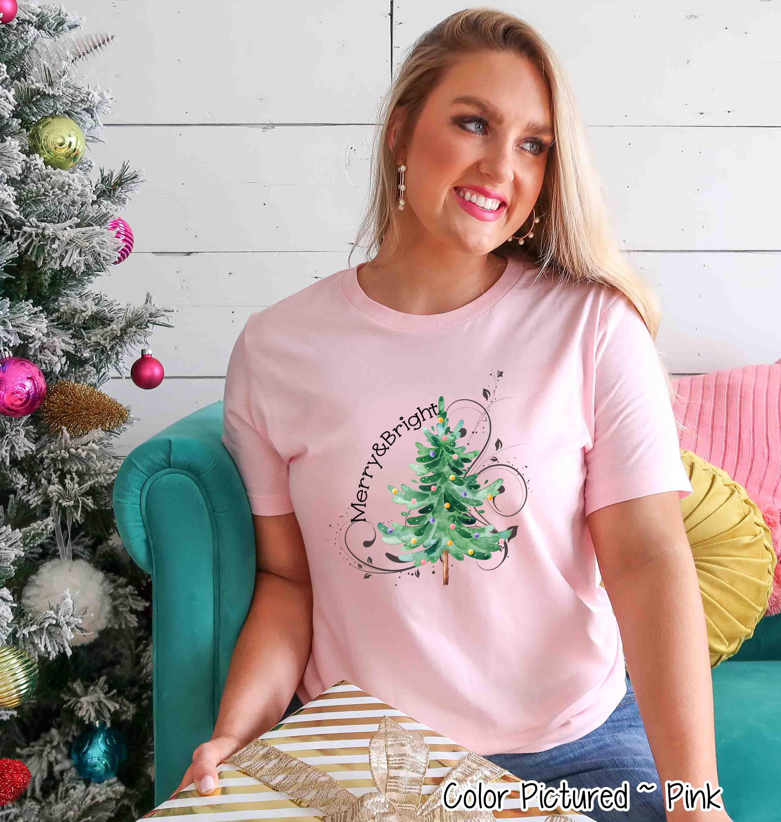 Watercolor Merry & Bright Christmas Tree Tee