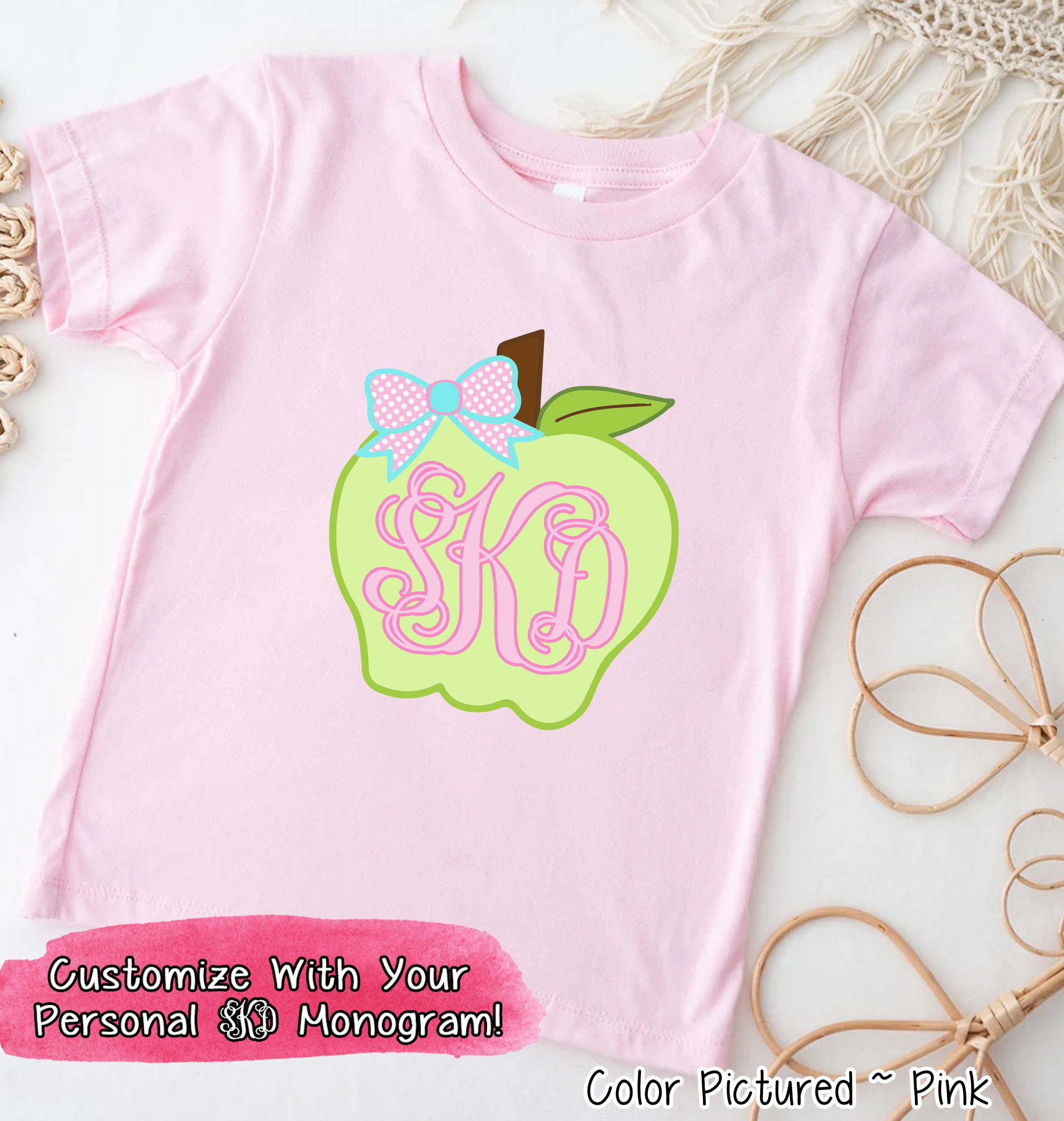 Monogram Cute Apple with Bow Tee