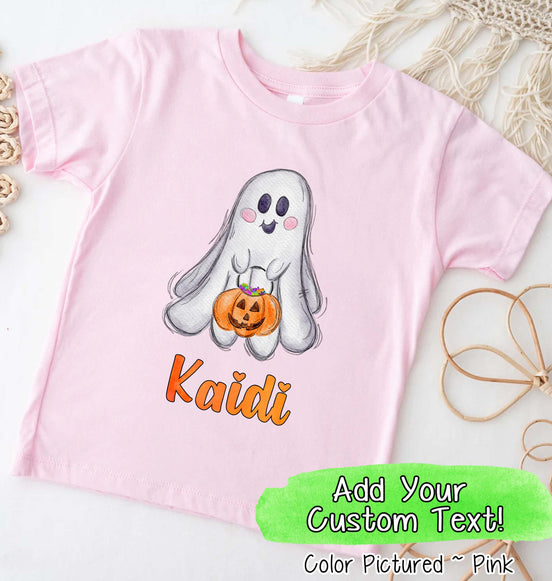 Personalized Ghost with Candy Pumpkin with Custom Name Halloween Tee