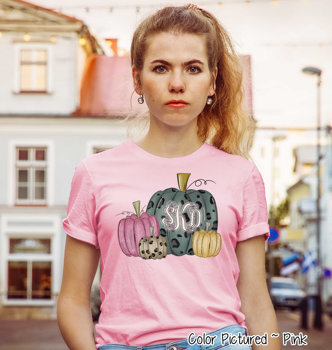 Blue Leopard, Pink, Leopard, and Gold Pumpkin Set Monogram Tee