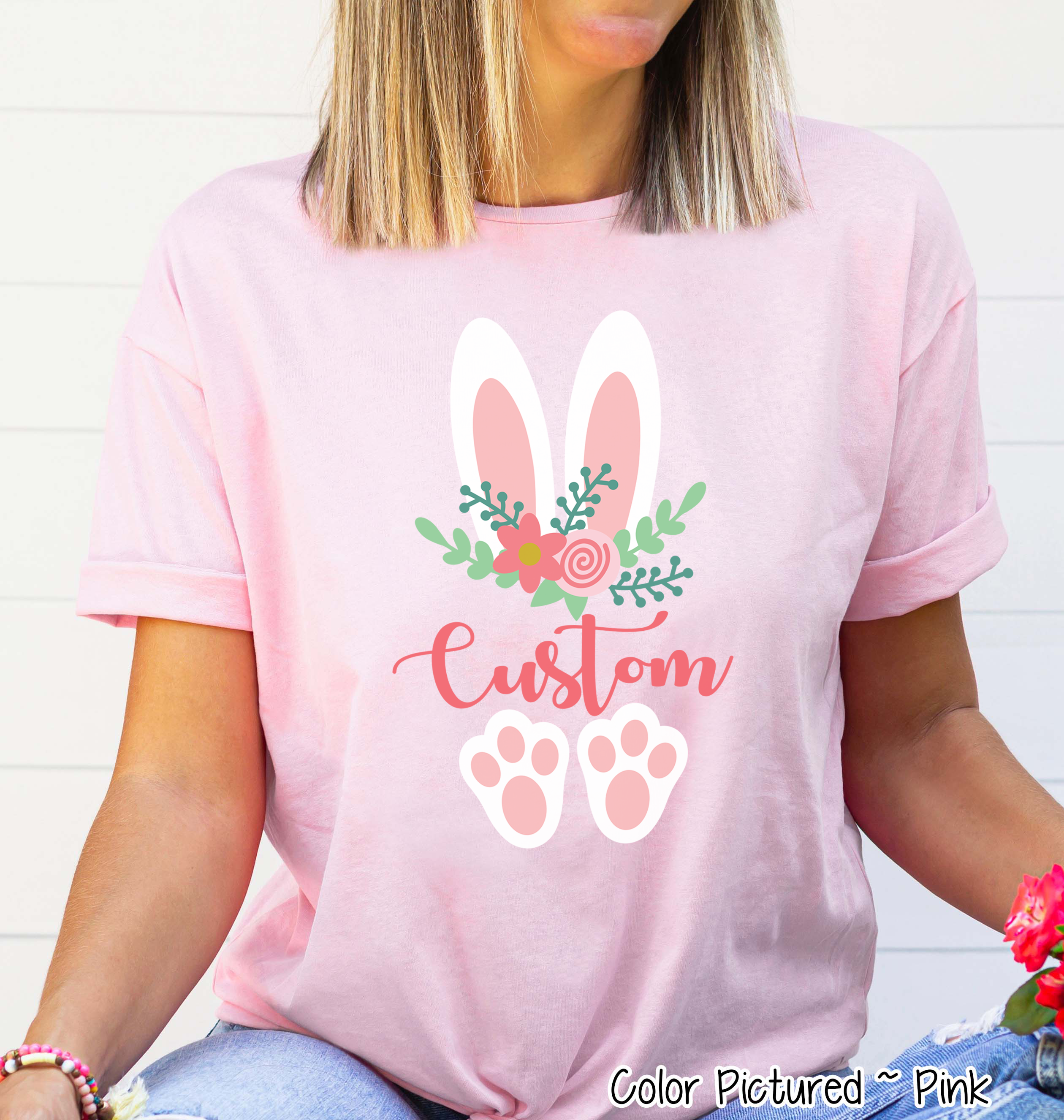 Floral Bunny Ears & Feet with Custom Name Easter Tee