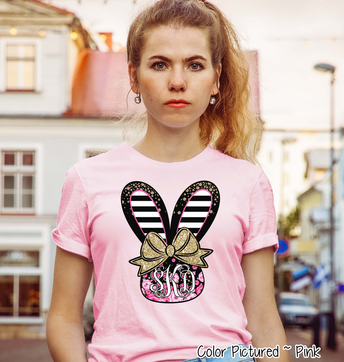 Monogram Black and Rose Bunny Head Easter Tee