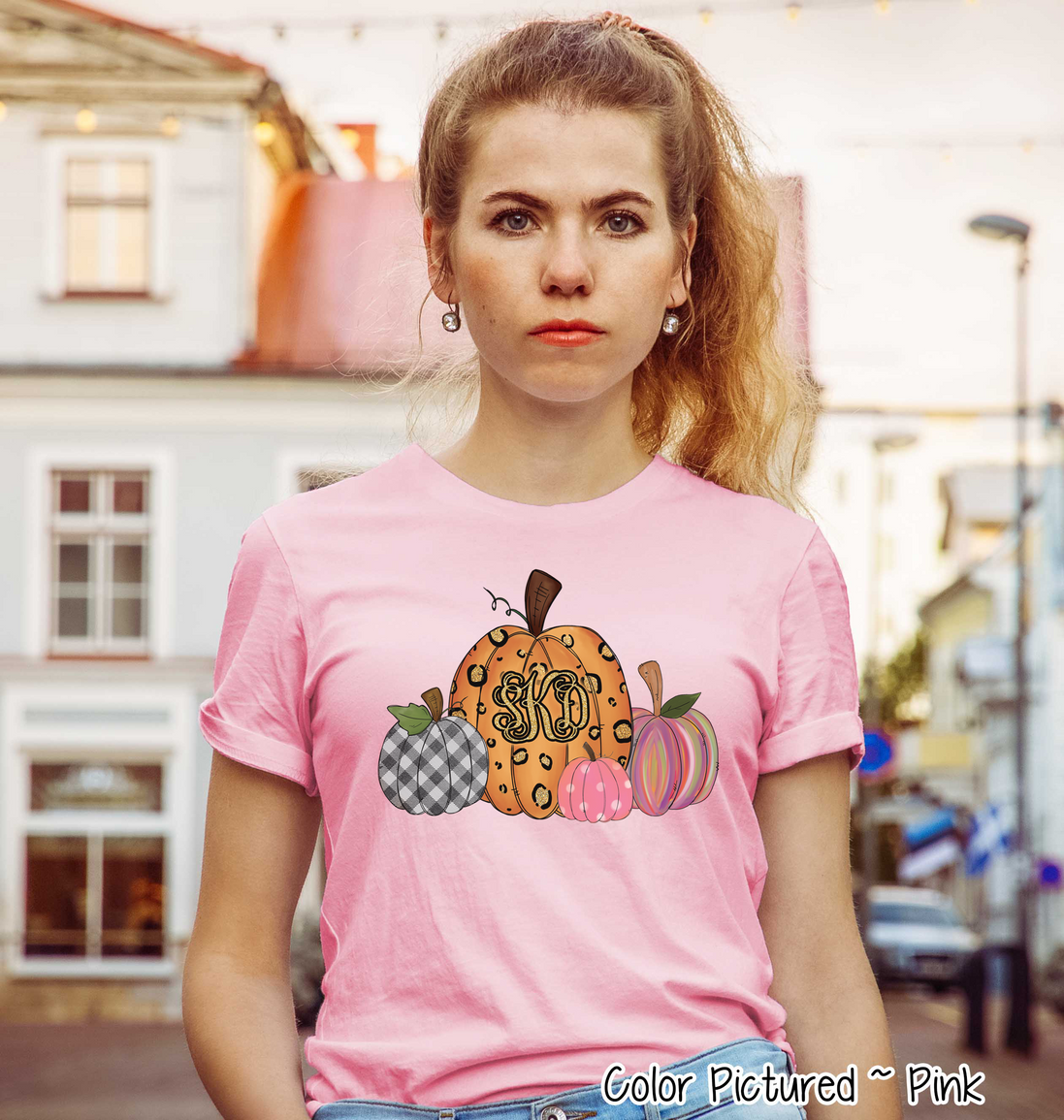 Glitter Leopard, Plaid, Watercolor, and Pink Pumpkin Monogram Set Tee