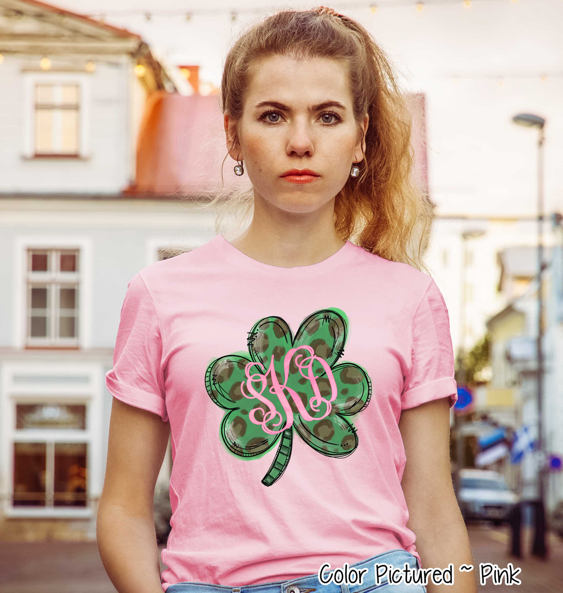 Monogram Green Leopard Shamrock St Patricks Day Tee