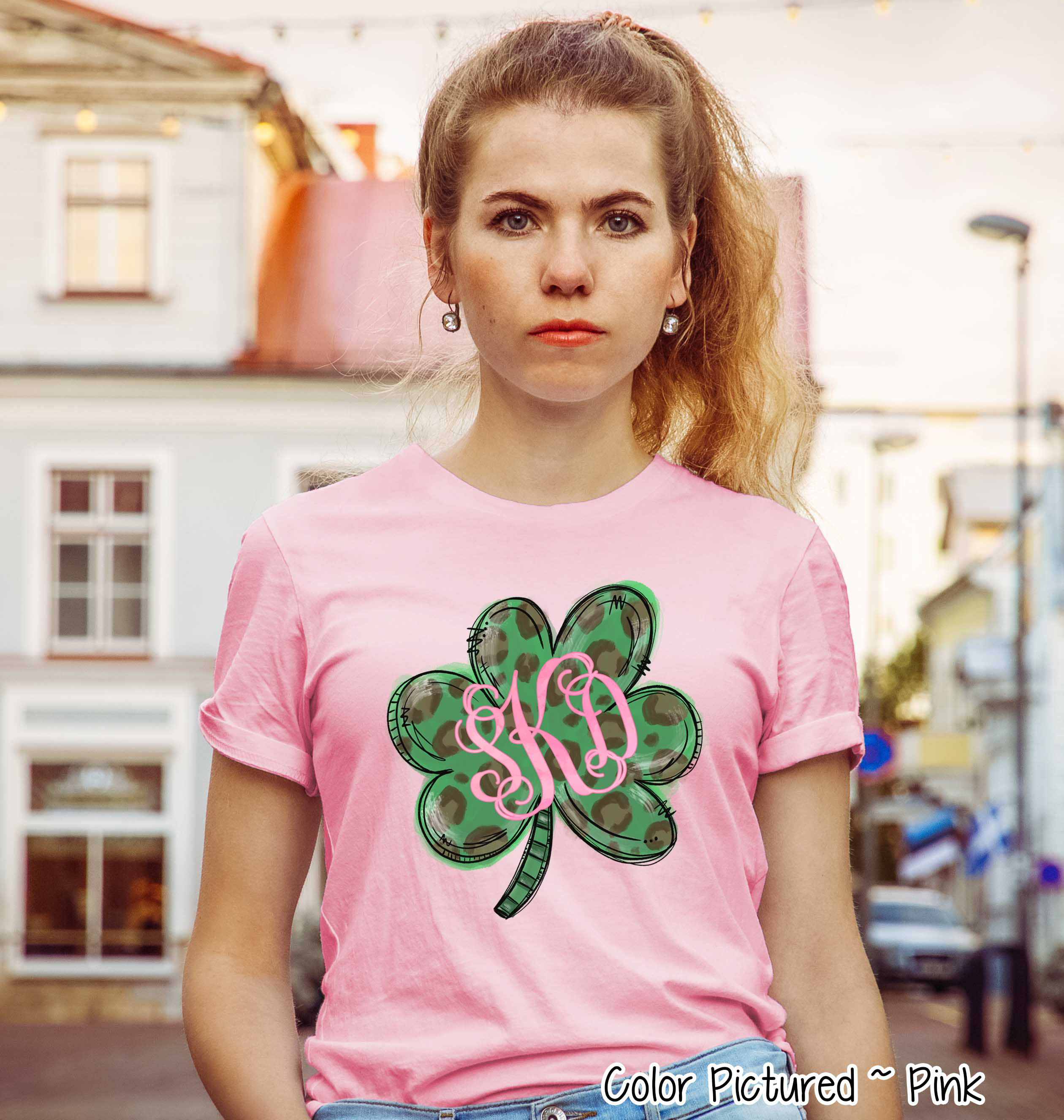 Monogram Green Leopard Shamrock St Patricks Day Tee