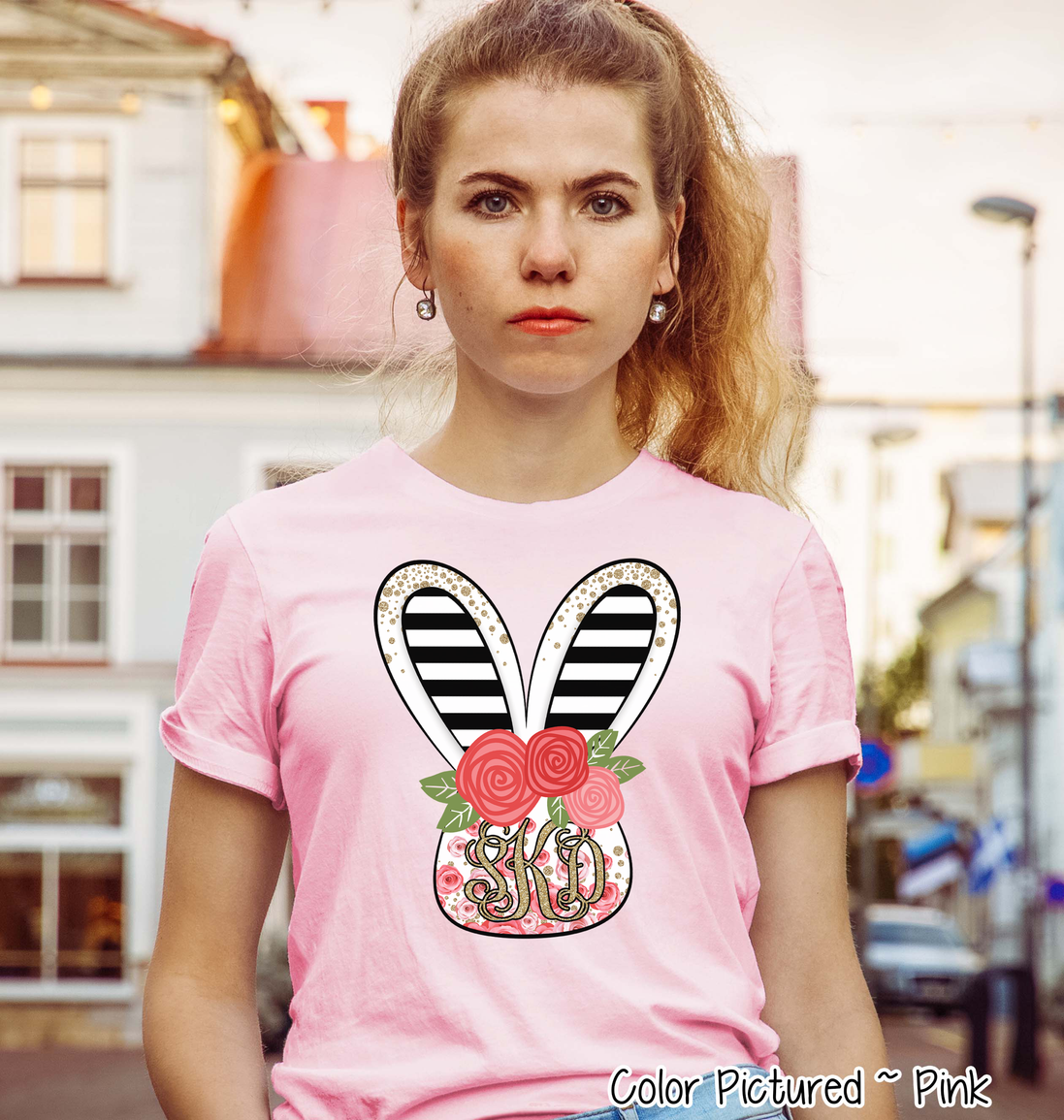 Monogram Rose and Black Bunny Head Easter Tee