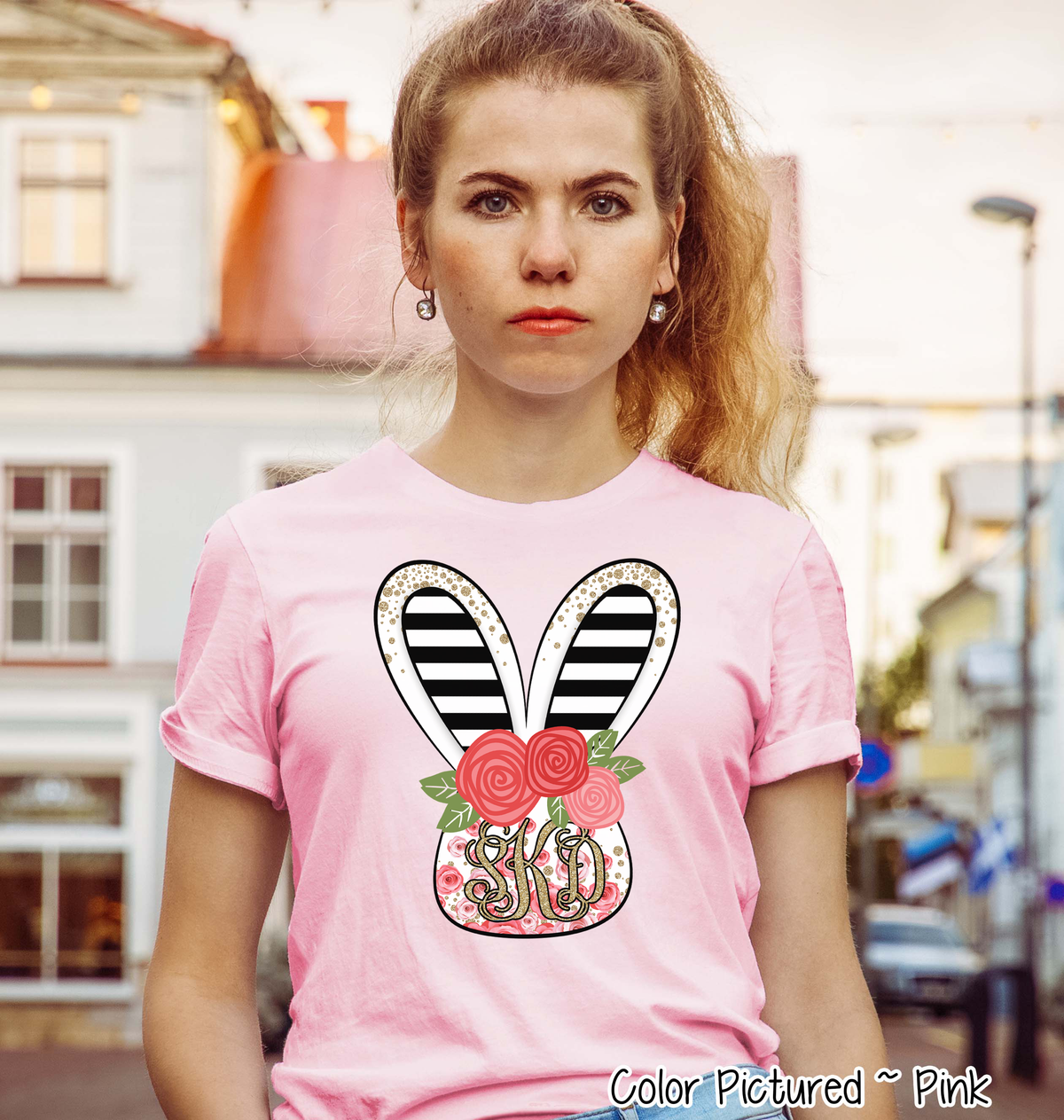 Monogram Rose and Black Bunny Head Easter Tee