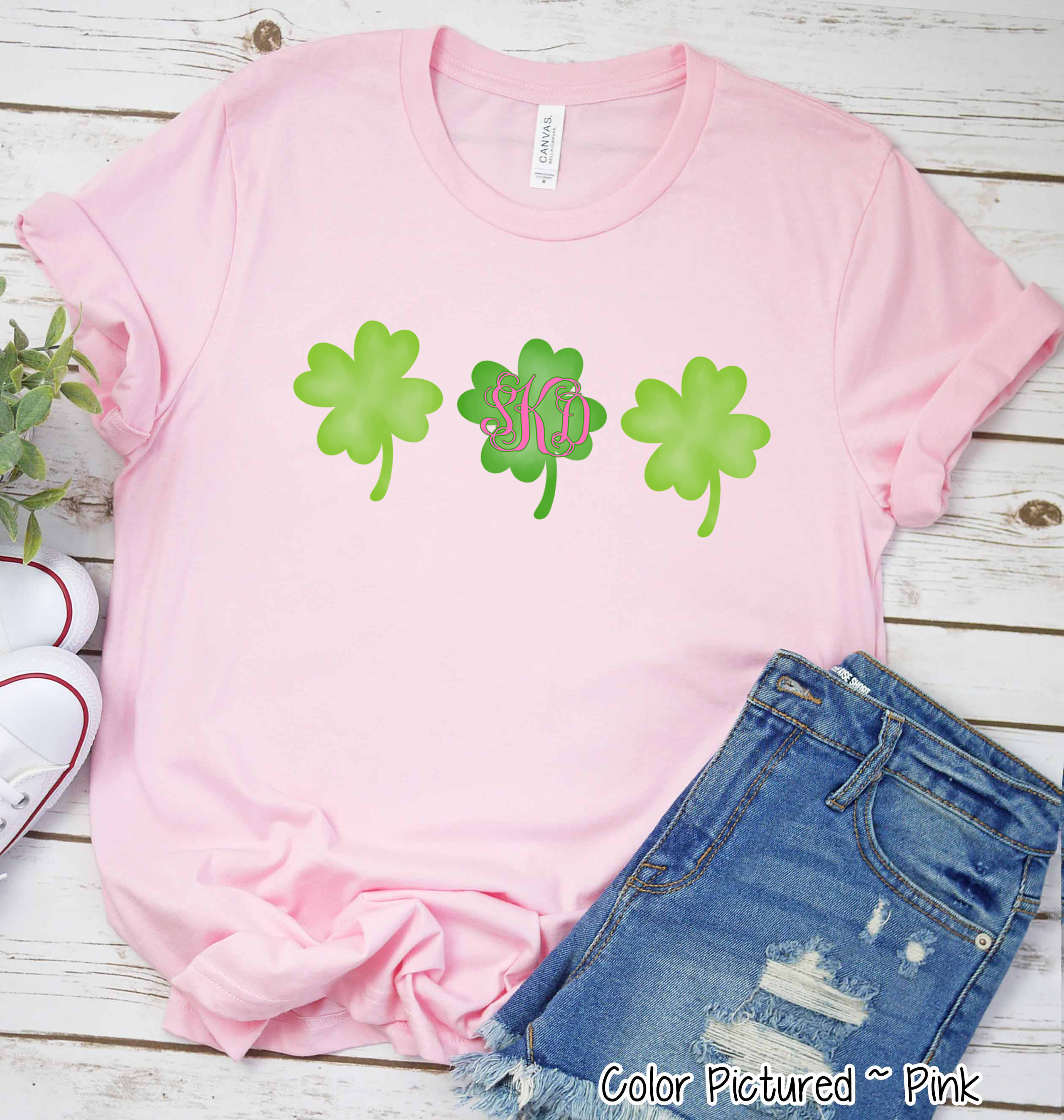 Monogram Watercolor Clover Trio St Patricks Day Tee