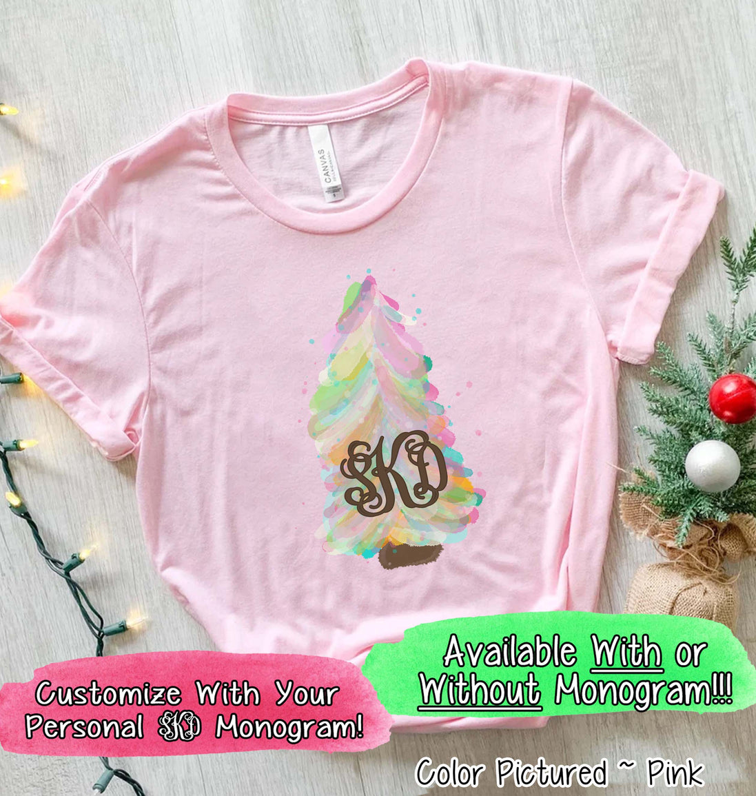 Monogrammed Watercolor Pastel Christmas Tree Tee