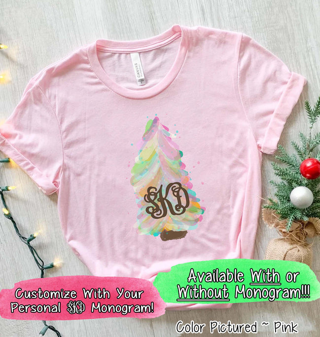 Monogrammed Watercolor Pastel Christmas Tree Tee