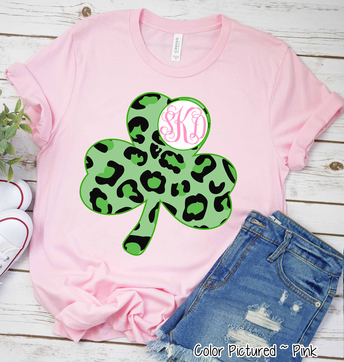 Monogram Green Leopard Shamrock St Patricks Day Tee
