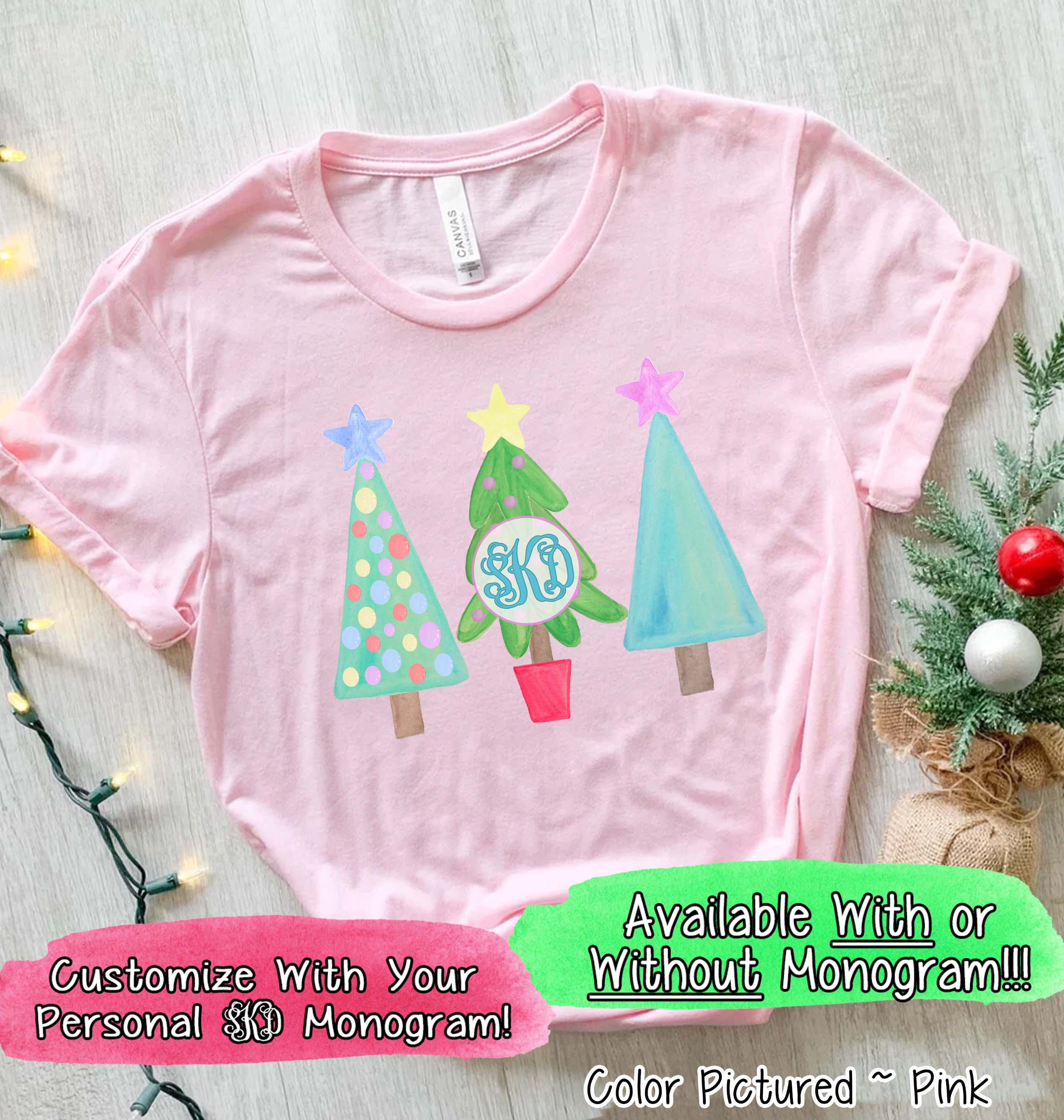 Monogrammed Pastel Christmas Tree Trio Tee