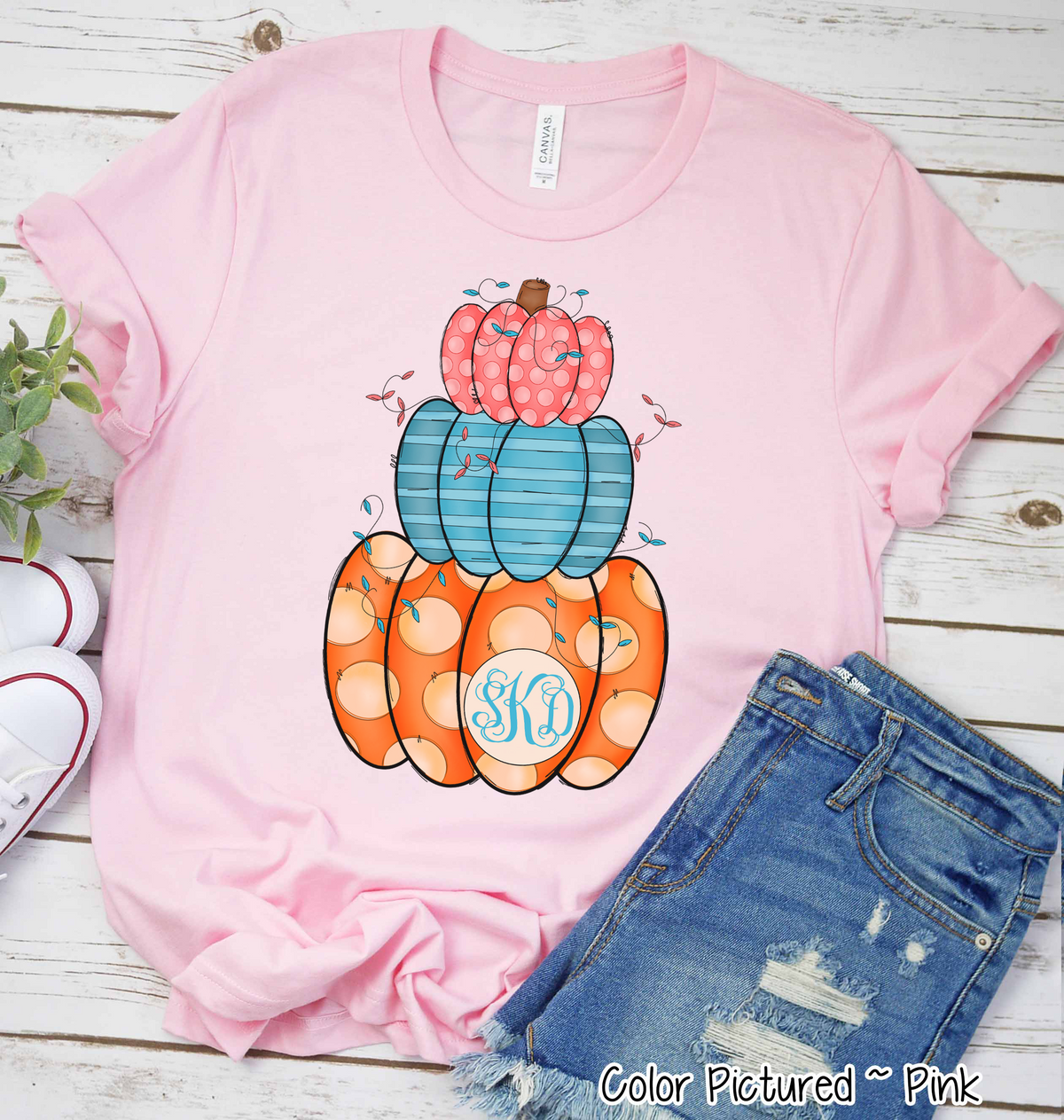 Colorful Stack of Cute Pumpkins with Monogram Fall Tee